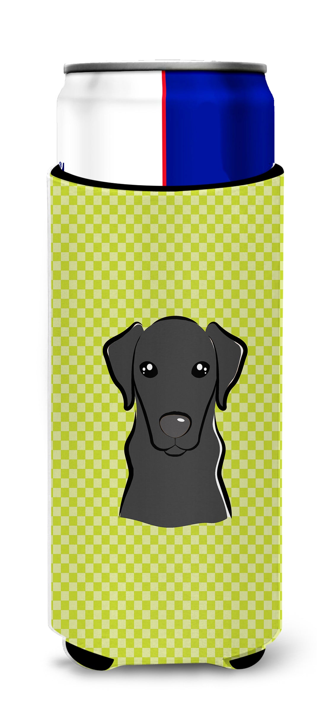 Checkerboard Lime Green Black Labrador Ultra Beverage Insulators for slim cans.