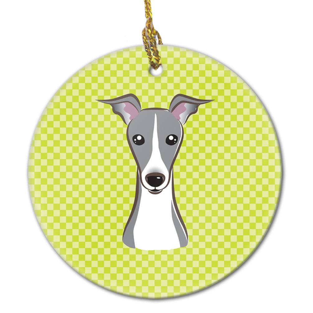 Checkerboard Lime Green Italian Greyhound Ceramic Ornament by Caroline's Treasures