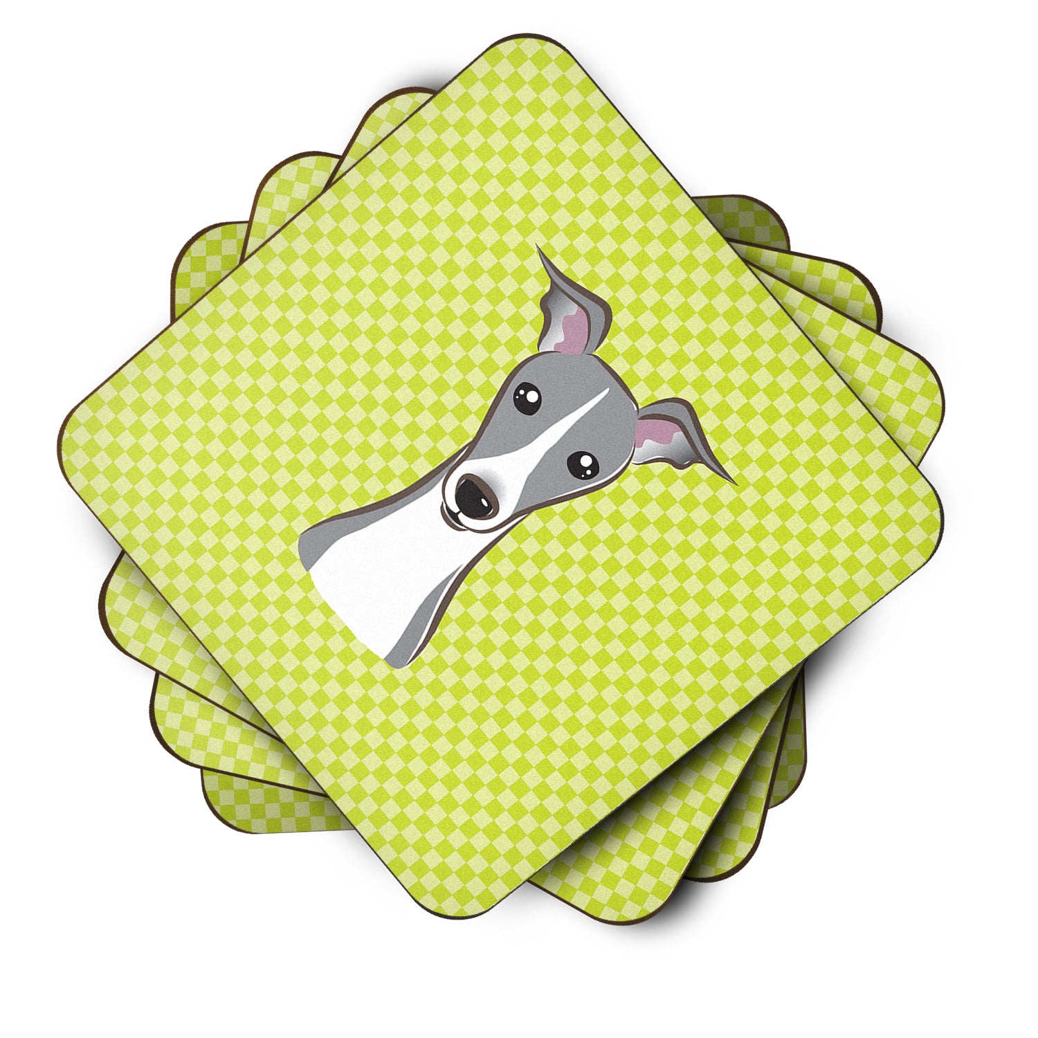 Set of 4 Checkerboard Lime Green Italian Greyhound Foam Coasters BB1298FC - the-store.com