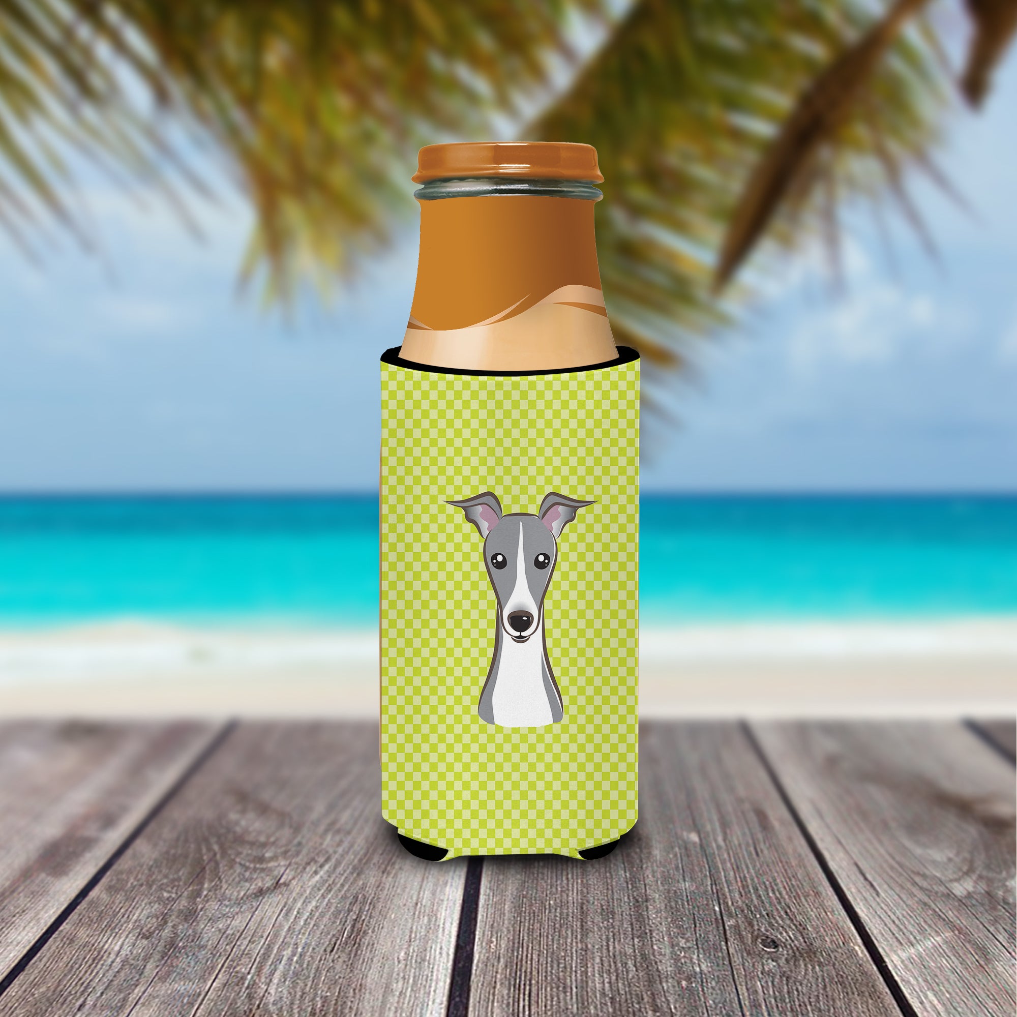 Checkerboard Lime Green Italian Greyhound Ultra Beverage Insulators for slim cans.