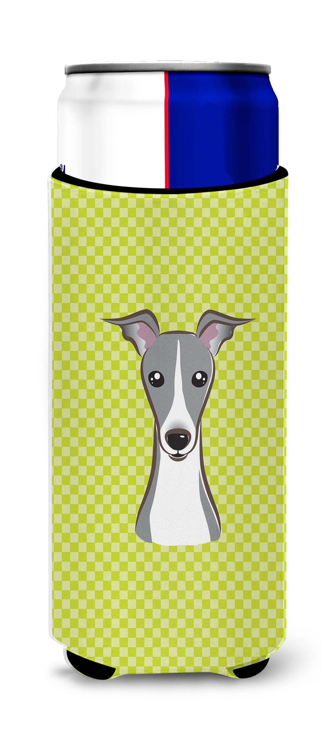 Checkerboard Lime Green Italian Greyhound Ultra Beverage Insulators for slim cans.