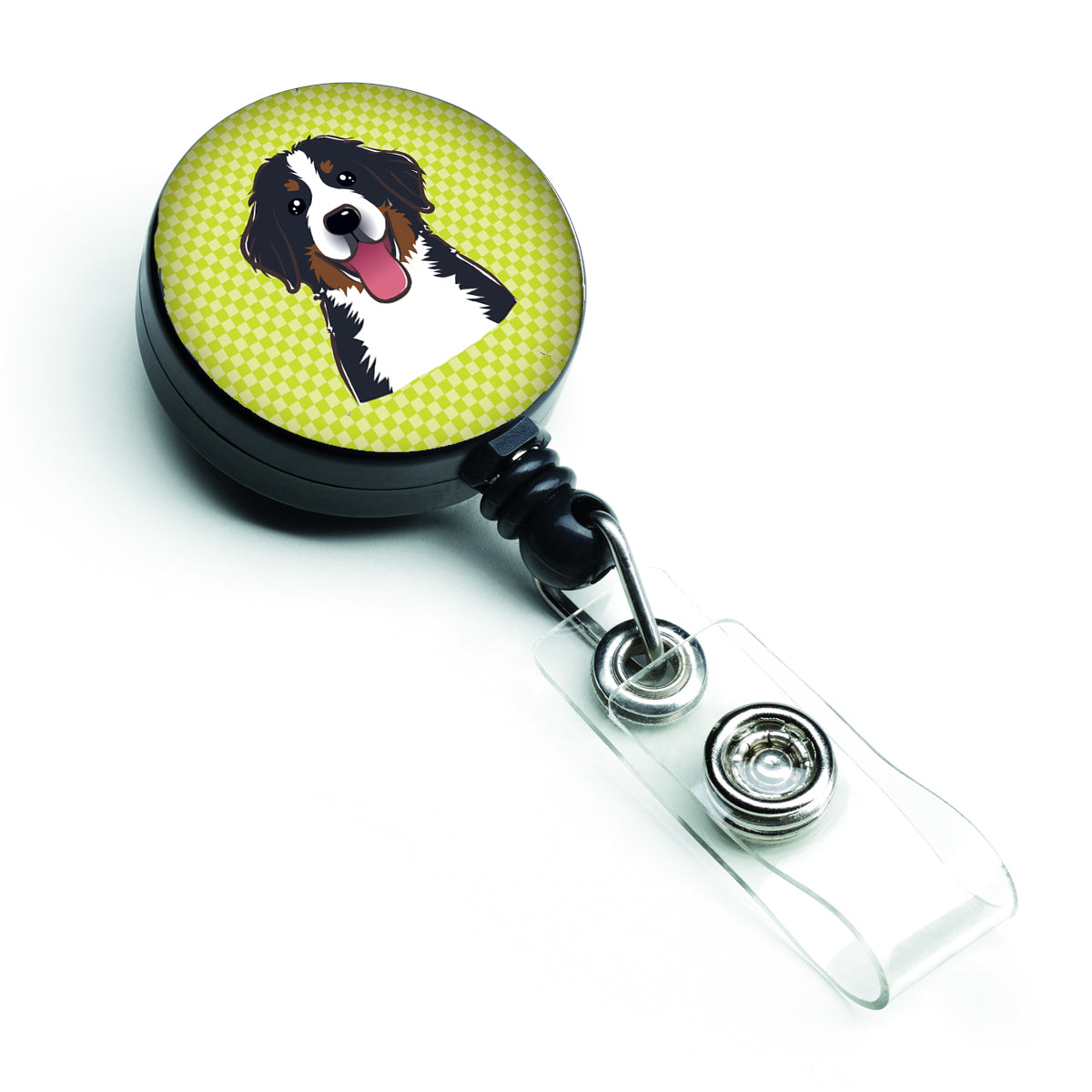 Checkerboard Lime Green Bernese Mountain Dog Retractable Badge Reel BB1299BR.