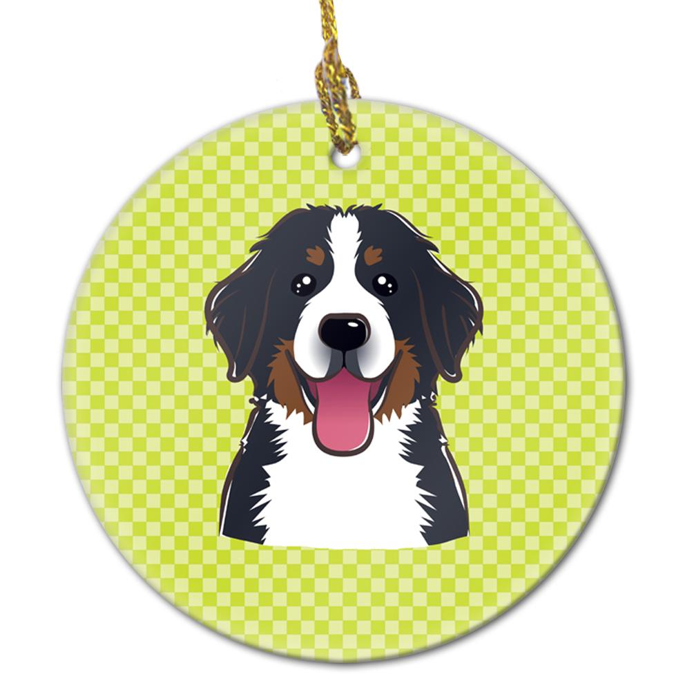 Checkerboard Lime Green Bernese Mountain Dog Ceramic Ornament by Caroline&#39;s Treasures