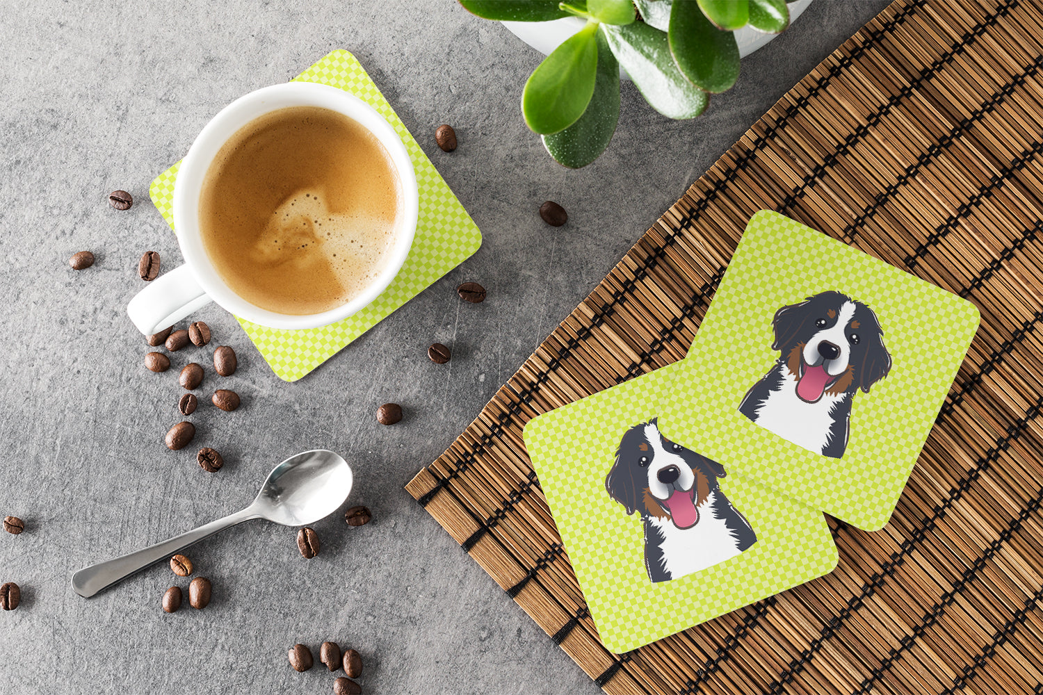 Set of 4 Checkerboard Lime Green Bernese Mountain Dog Foam Coasters BB1299FC - the-store.com