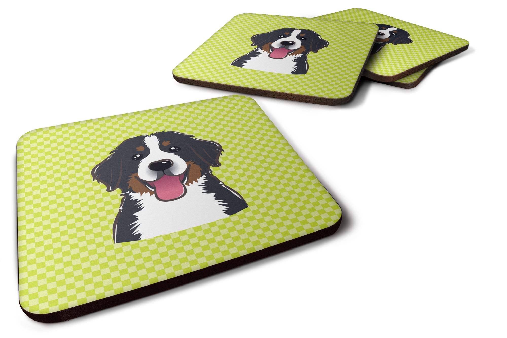 Set of 4 Checkerboard Lime Green Bernese Mountain Dog Foam Coasters BB1299FC - the-store.com