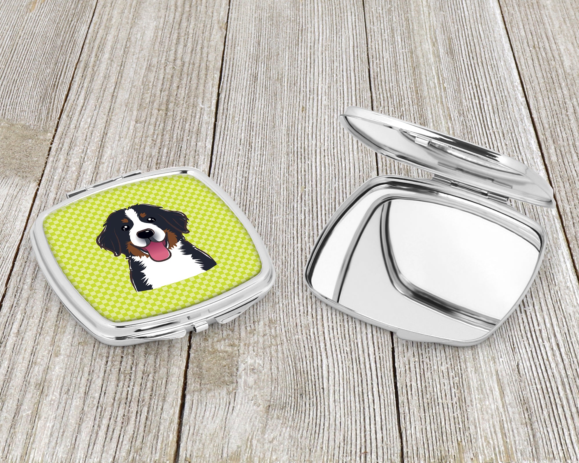 Checkerboard Lime Green Bernese Mountain Dog Compact Mirror BB1299SCM  the-store.com.