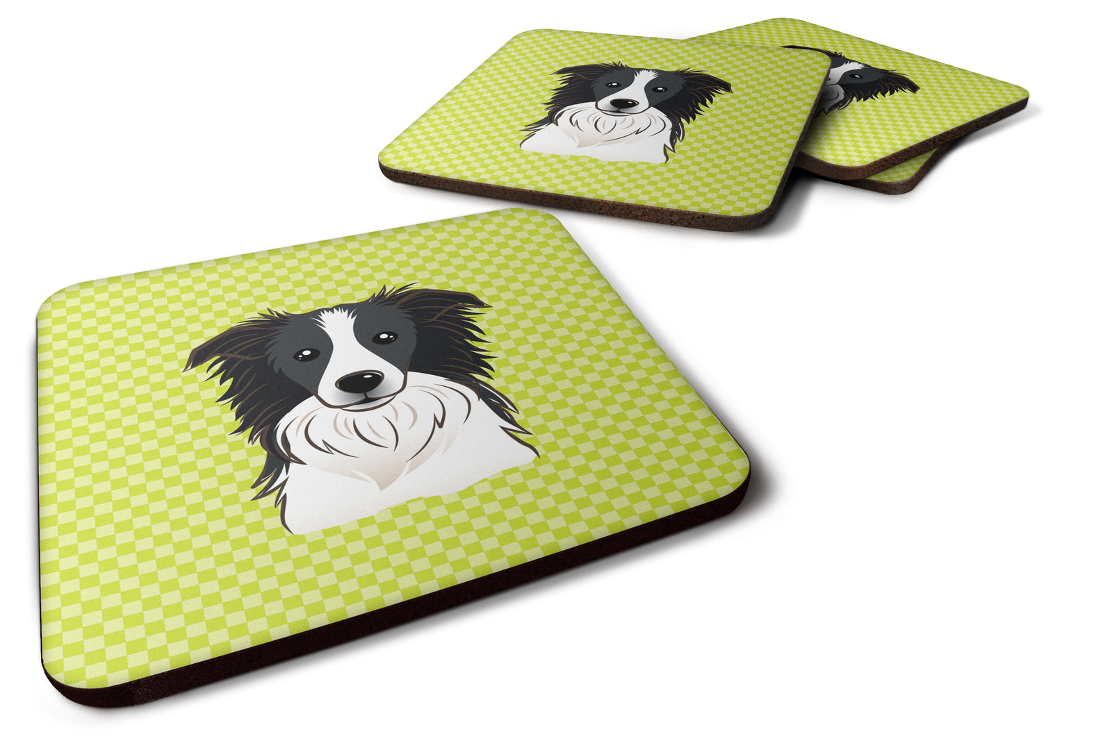 Set of 4 Checkerboard Lime Green Border Collie Foam Coasters BB1303FC - the-store.com