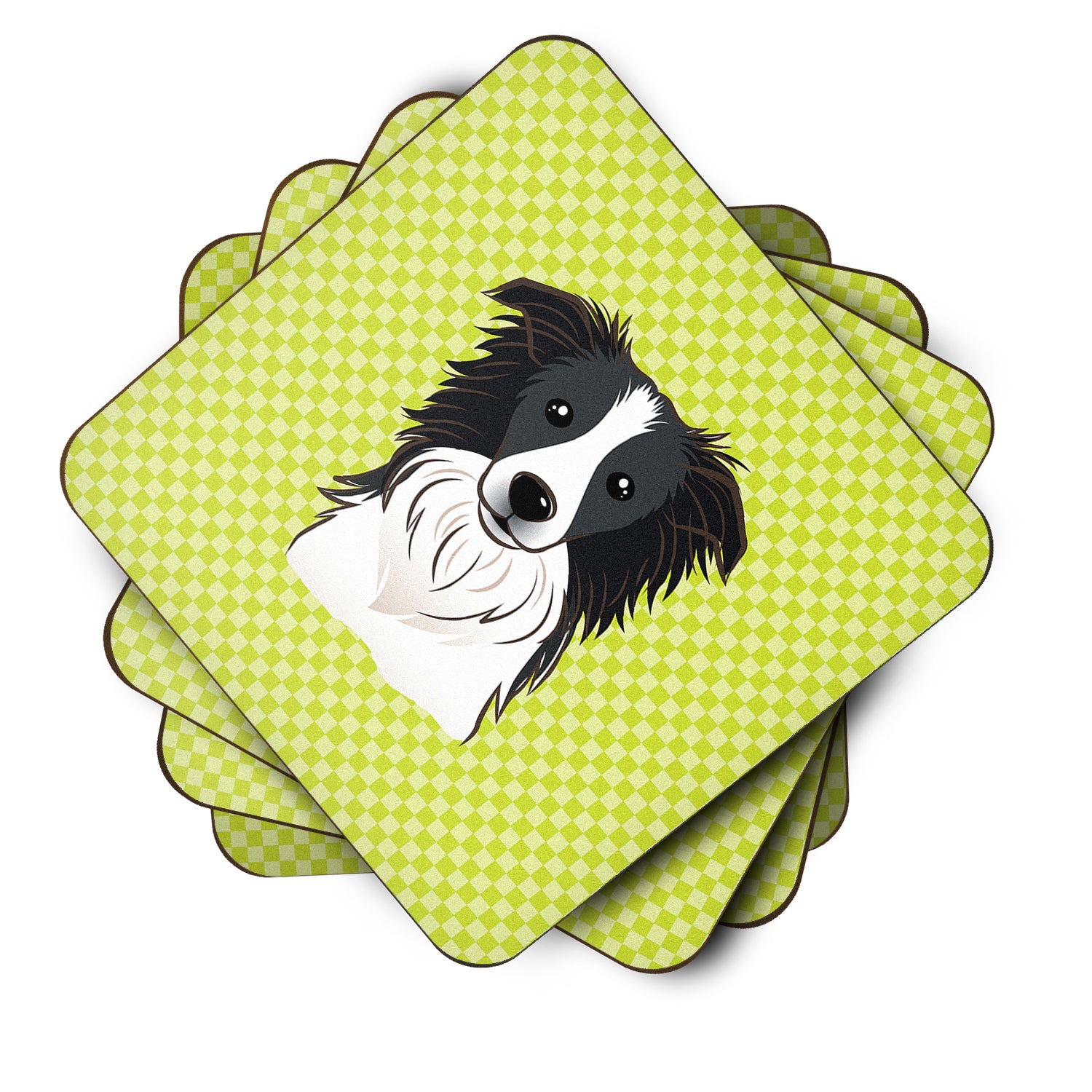 Set of 4 Checkerboard Lime Green Border Collie Foam Coasters BB1303FC - the-store.com