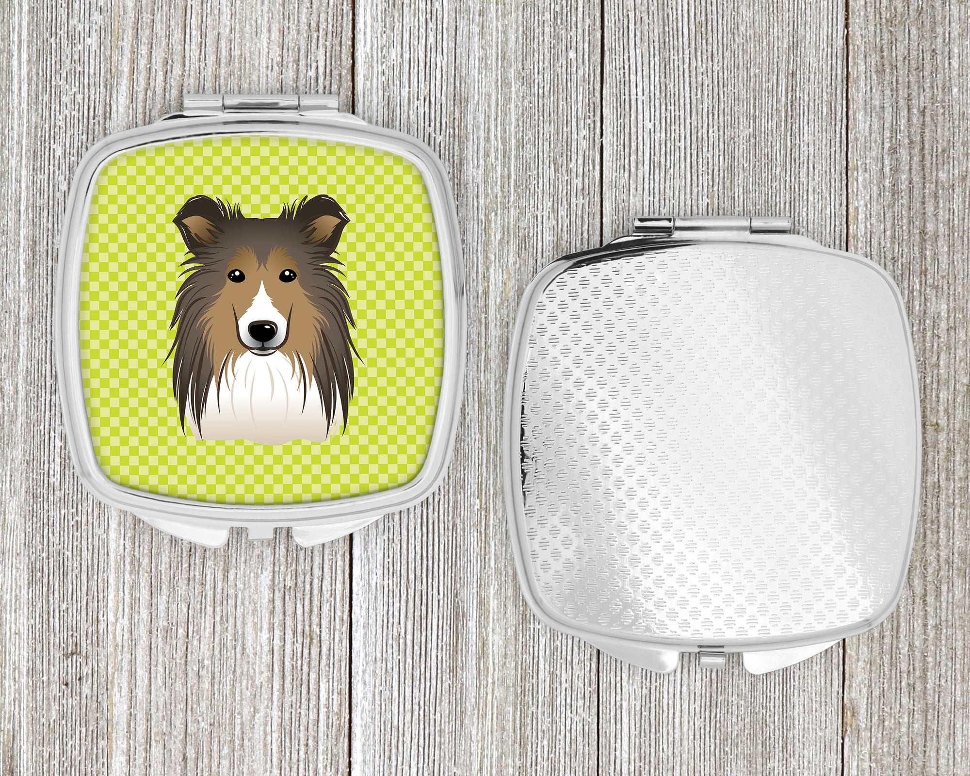 Checkerboard Lime Green Sheltie Compact Mirror BB1304SCM  the-store.com.