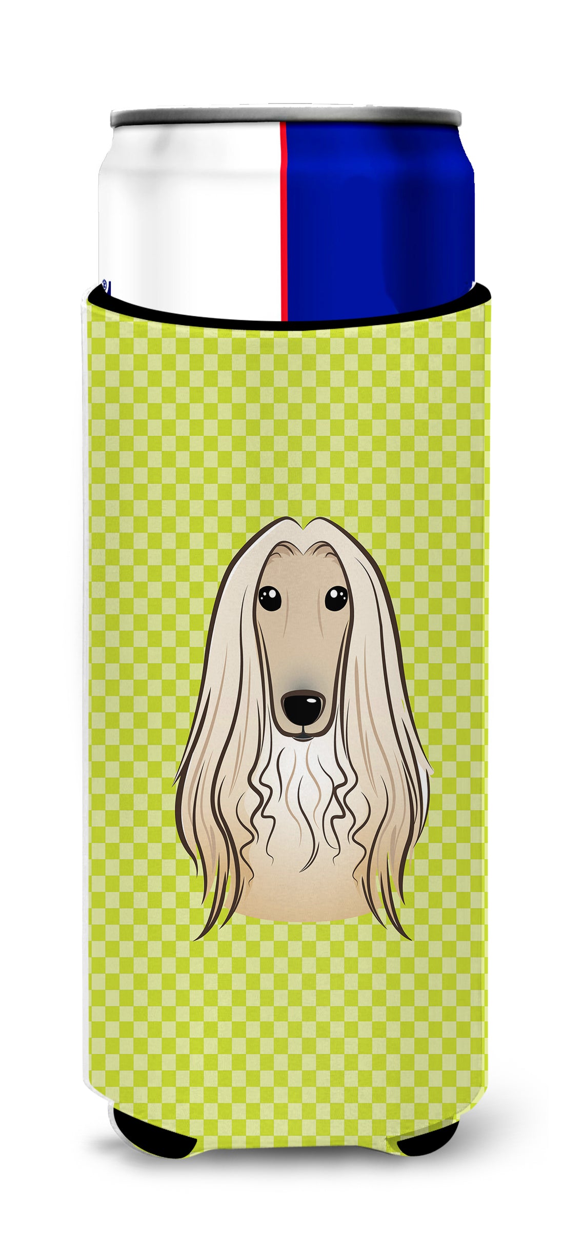 Checkerboard Lime Green Afghan Hound Ultra Beverage Insulators for slim cans.