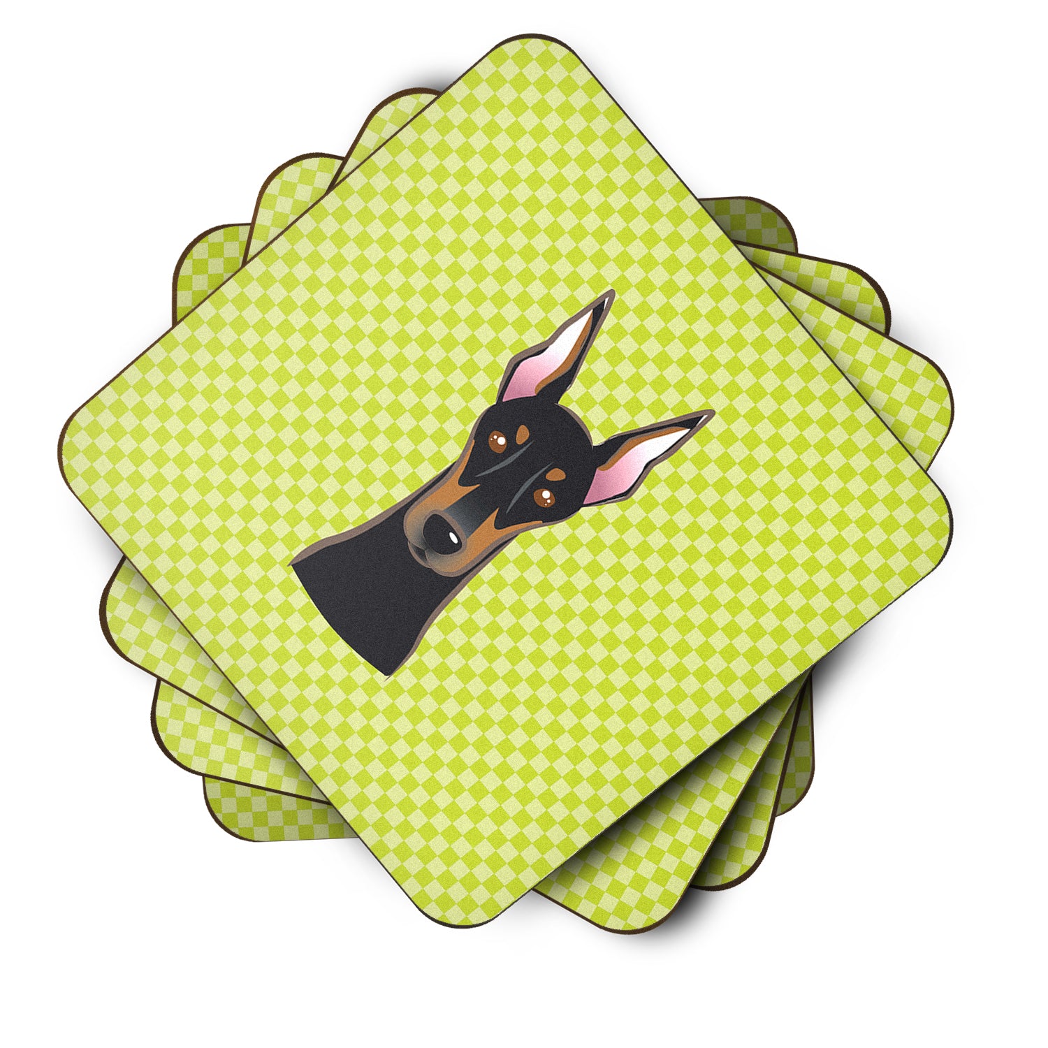 Set of 4 Checkerboard Lime Green Doberman Foam Coasters BB1307FC - the-store.com