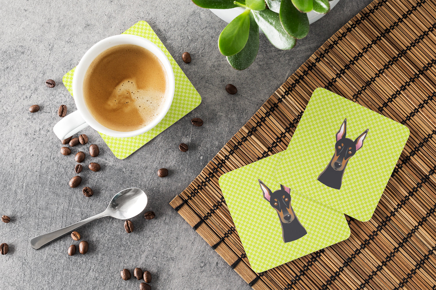 Set of 4 Checkerboard Lime Green Doberman Foam Coasters BB1307FC - the-store.com