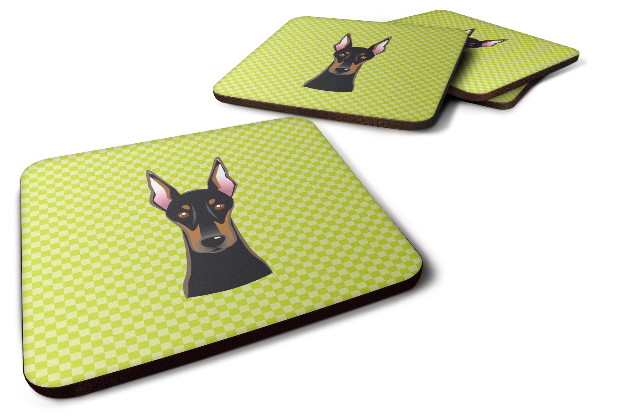 Set of 4 Checkerboard Lime Green Doberman Foam Coasters BB1307FC - the-store.com