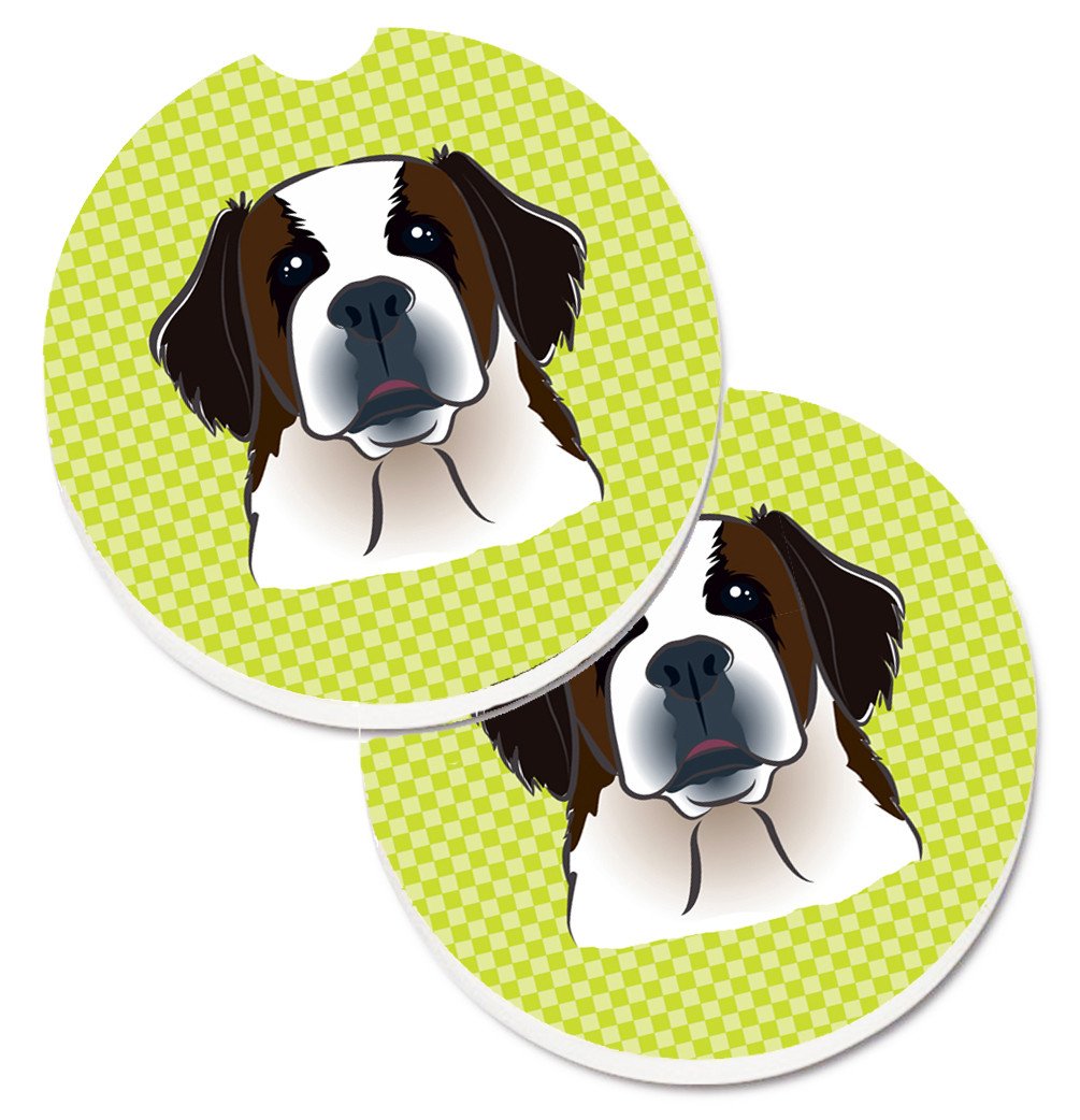 Checkerboard Lime Green Saint Bernard Set of 2 Cup Holder Car Coasters BB1308CARC by Caroline&#39;s Treasures