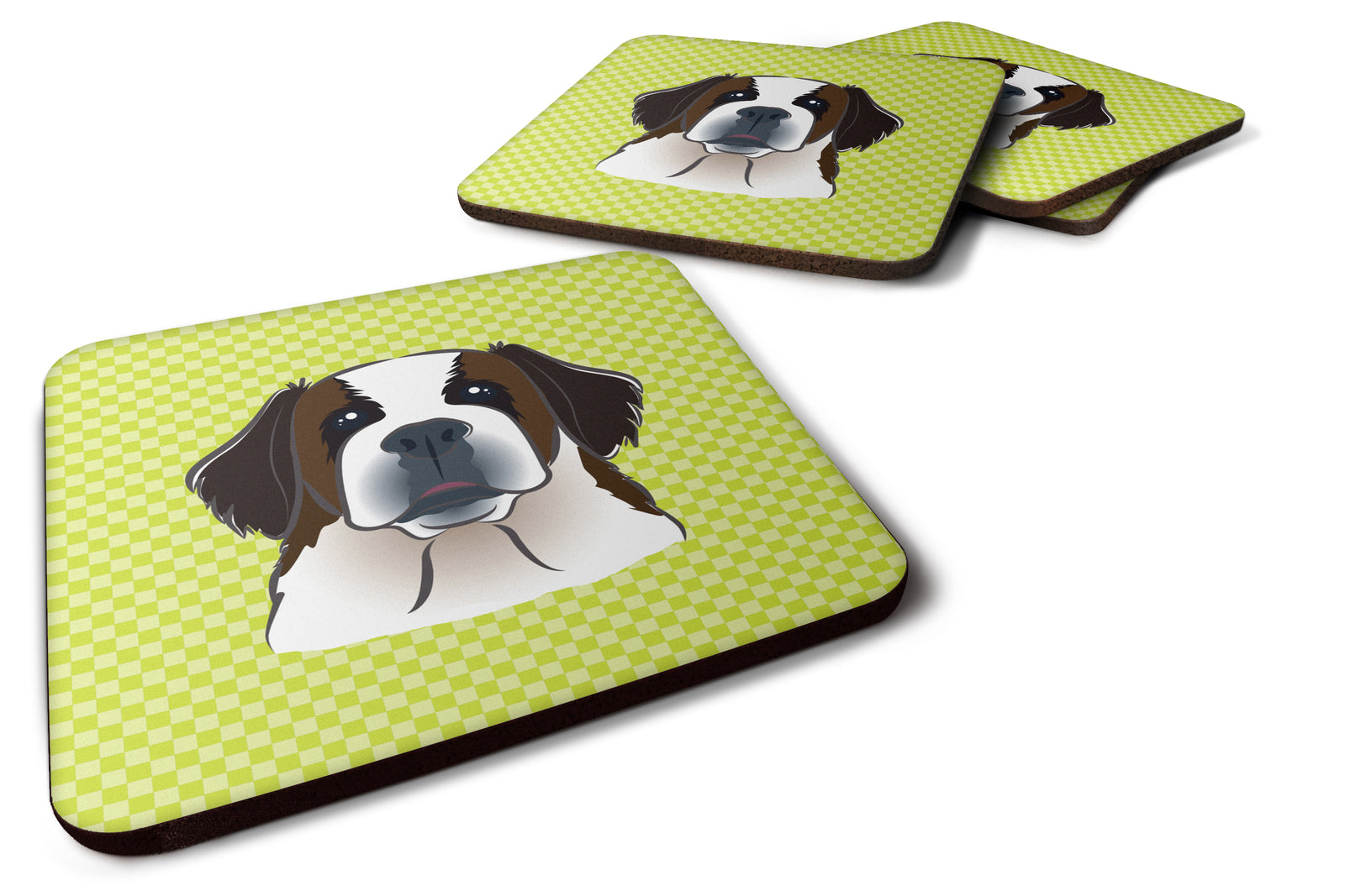 Set of 4 Checkerboard Lime Green Saint Bernard Foam Coasters BB1308FC - the-store.com