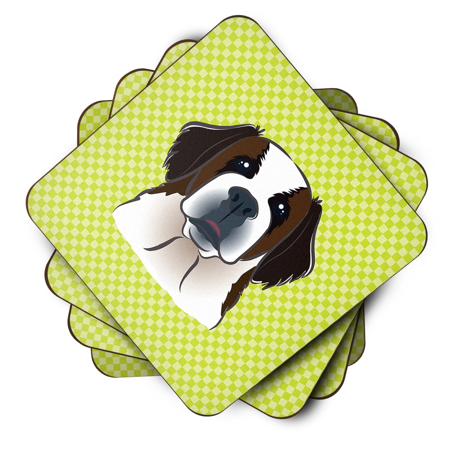 Set of 4 Checkerboard Lime Green Saint Bernard Foam Coasters BB1308FC - the-store.com