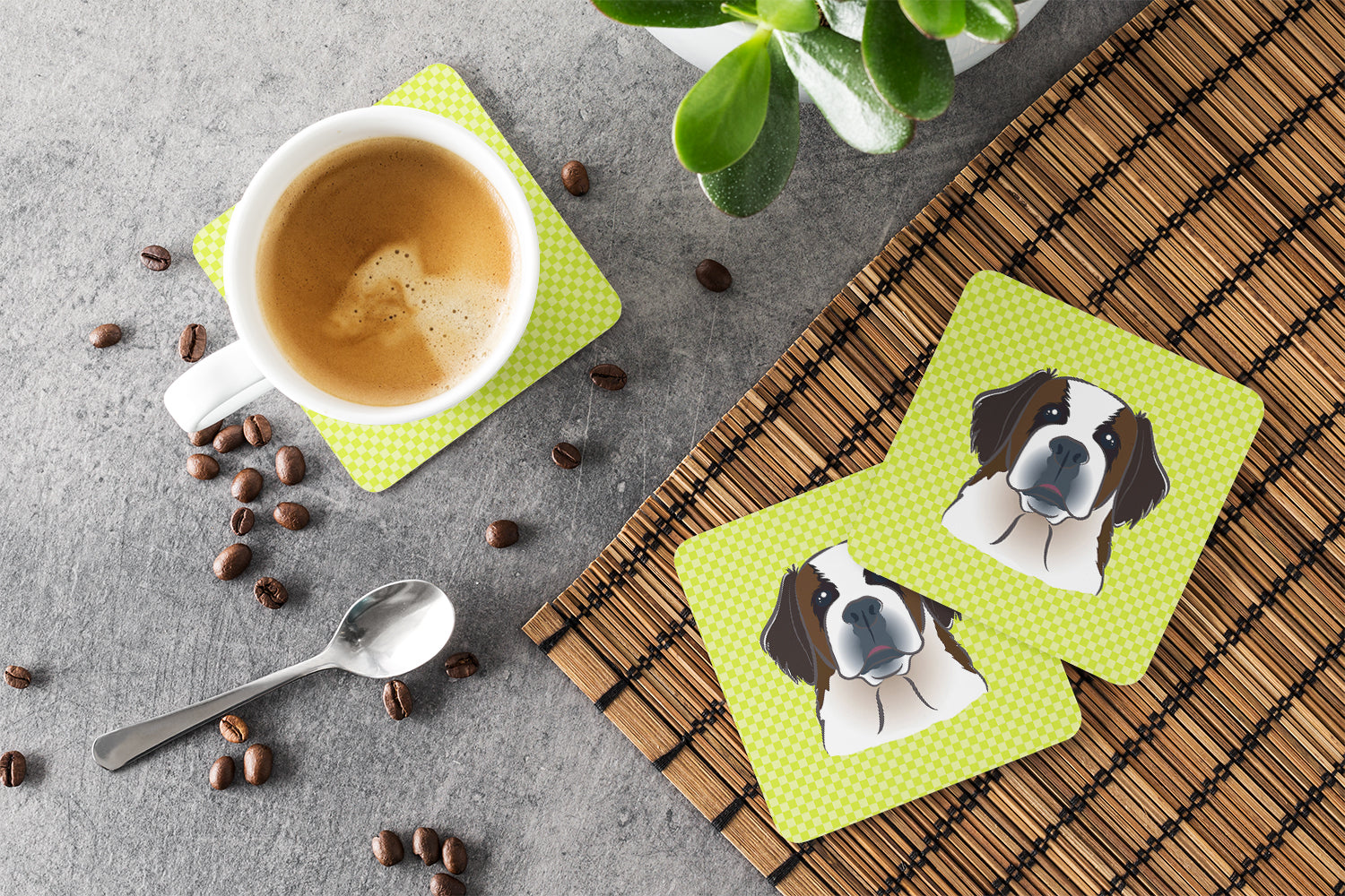 Set of 4 Checkerboard Lime Green Saint Bernard Foam Coasters BB1308FC - the-store.com