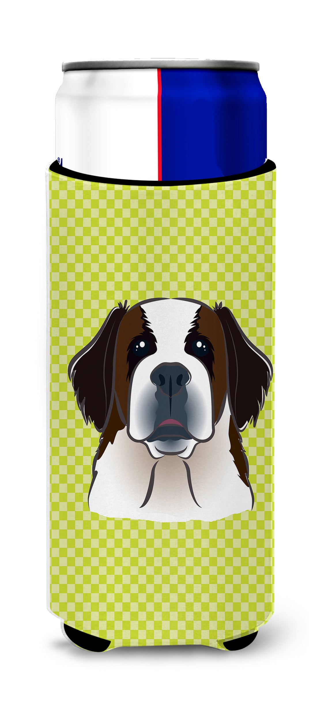 Checkerboard Lime Green Saint Bernard Ultra Beverage Insulators for slim cans.