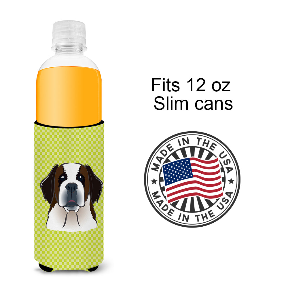 Checkerboard Lime Green Saint Bernard Ultra Beverage Insulators for slim cans.