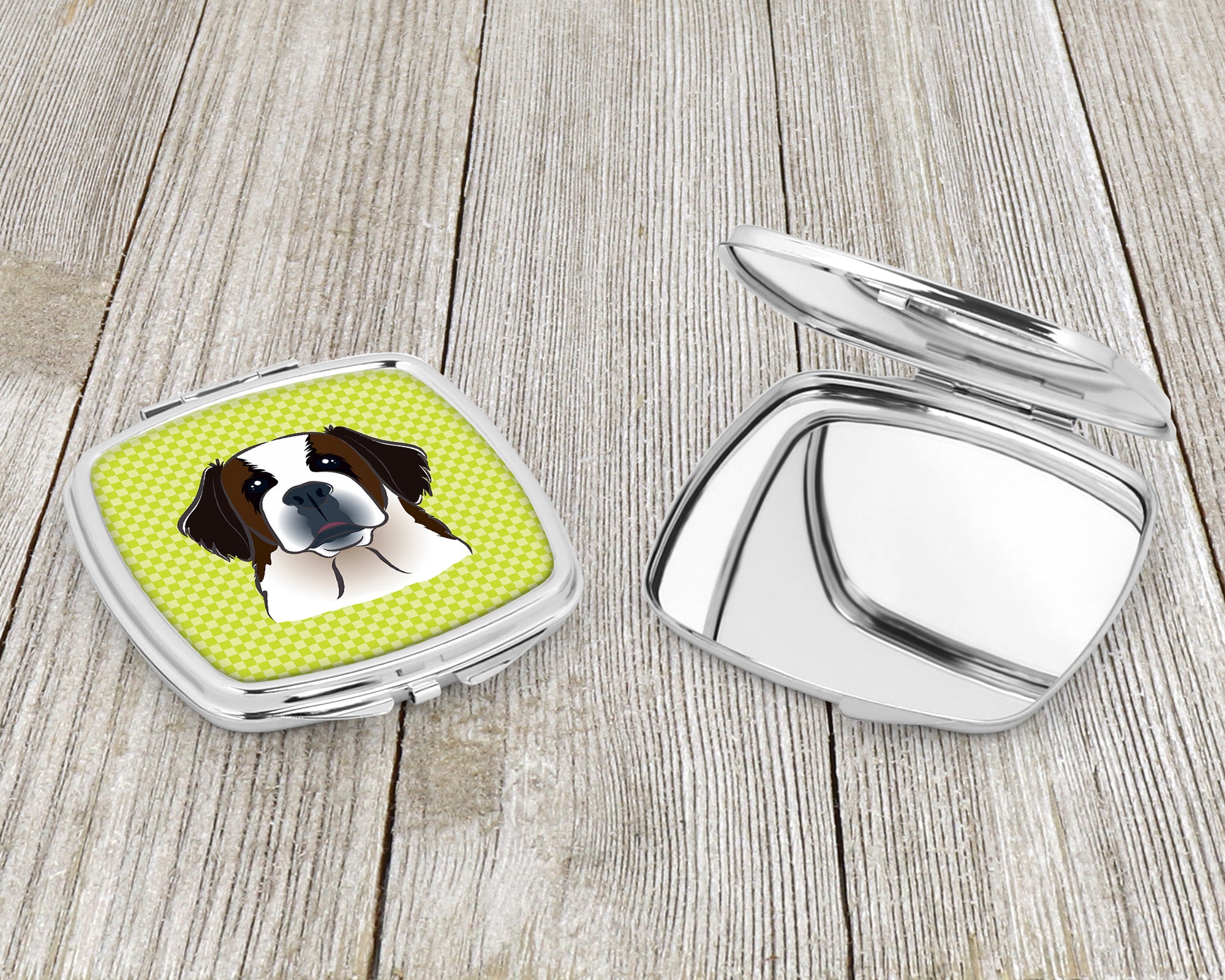 Checkerboard Lime Green Saint Bernard Compact Mirror BB1308SCM  the-store.com.