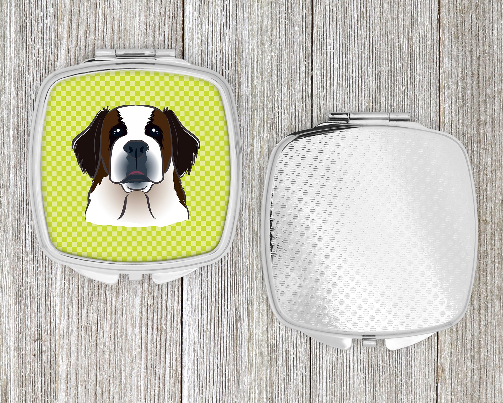 Checkerboard Lime Green Saint Bernard Compact Mirror BB1308SCM  the-store.com.