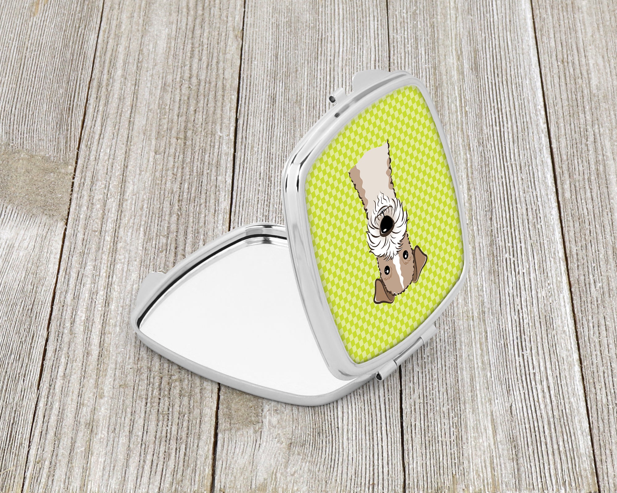 Checkerboard Lime Green Wire Haired Fox Terrier Compact Mirror BB1309SCM  the-store.com.