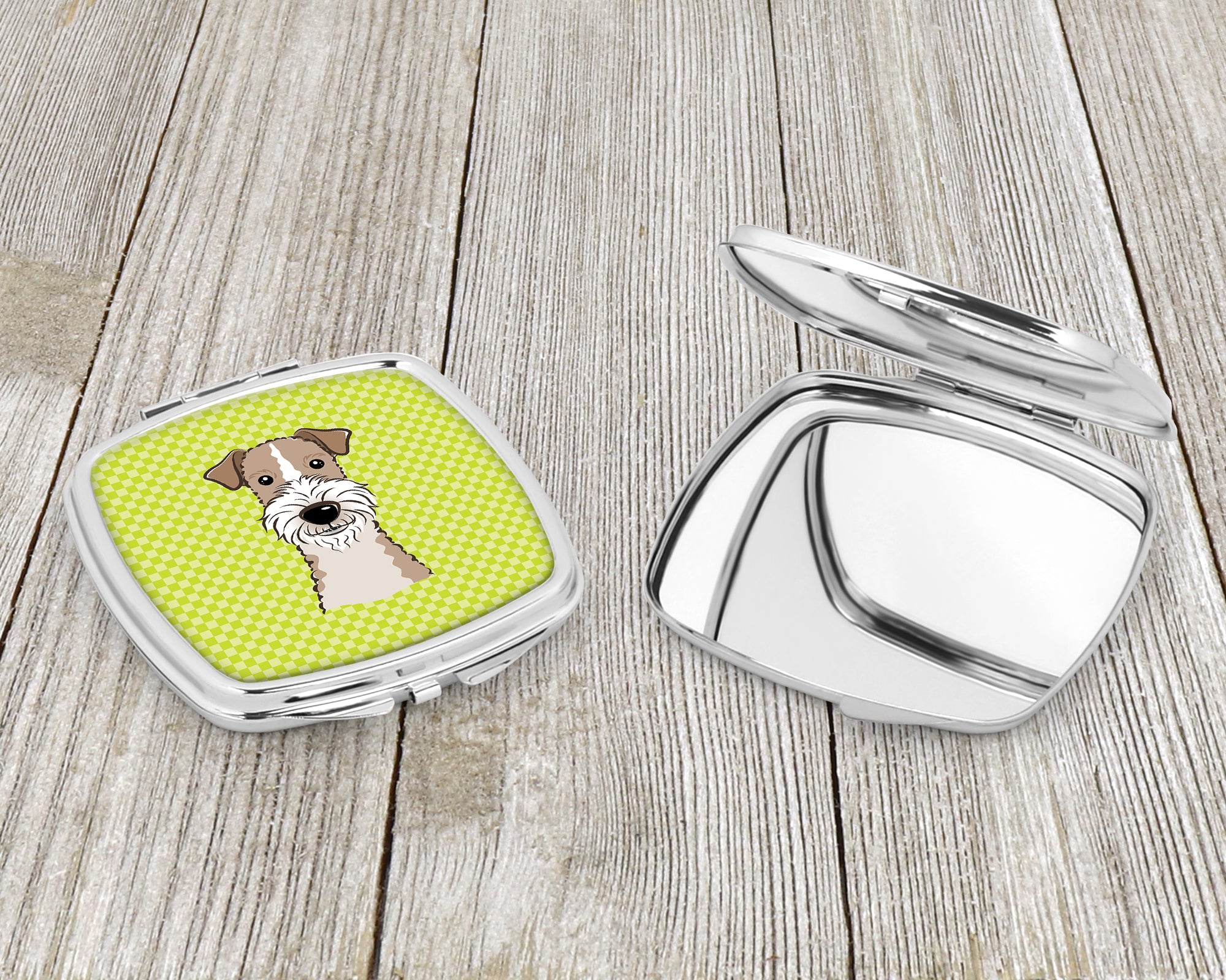 Checkerboard Lime Green Wire Haired Fox Terrier Compact Mirror BB1309SCM  the-store.com.