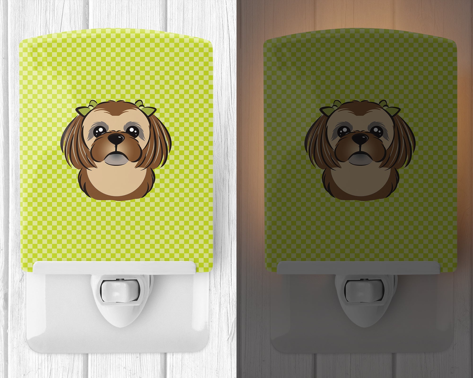 Checkerboard Lime Green Chocolate Brown Shih Tzu Ceramic Night Light BB1311CNL - the-store.com