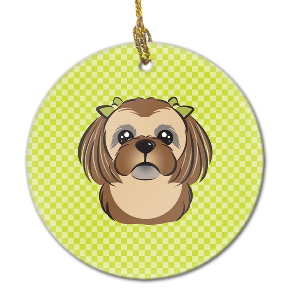 Checkerboard Lime Green Chocolate Brown Shih Tzu Ceramic Ornament BB1311CO1 by Caroline's Treasures