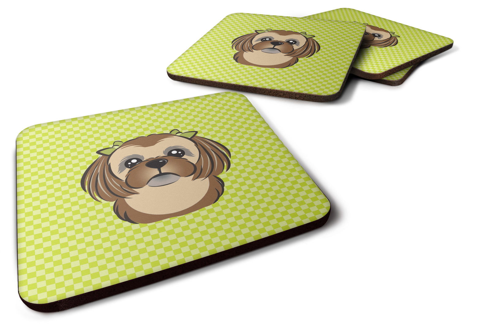 Set of 4 Checkerboard Lime Green Chocolate Brown Shih Tzu Foam Coasters BB1311FC - the-store.com