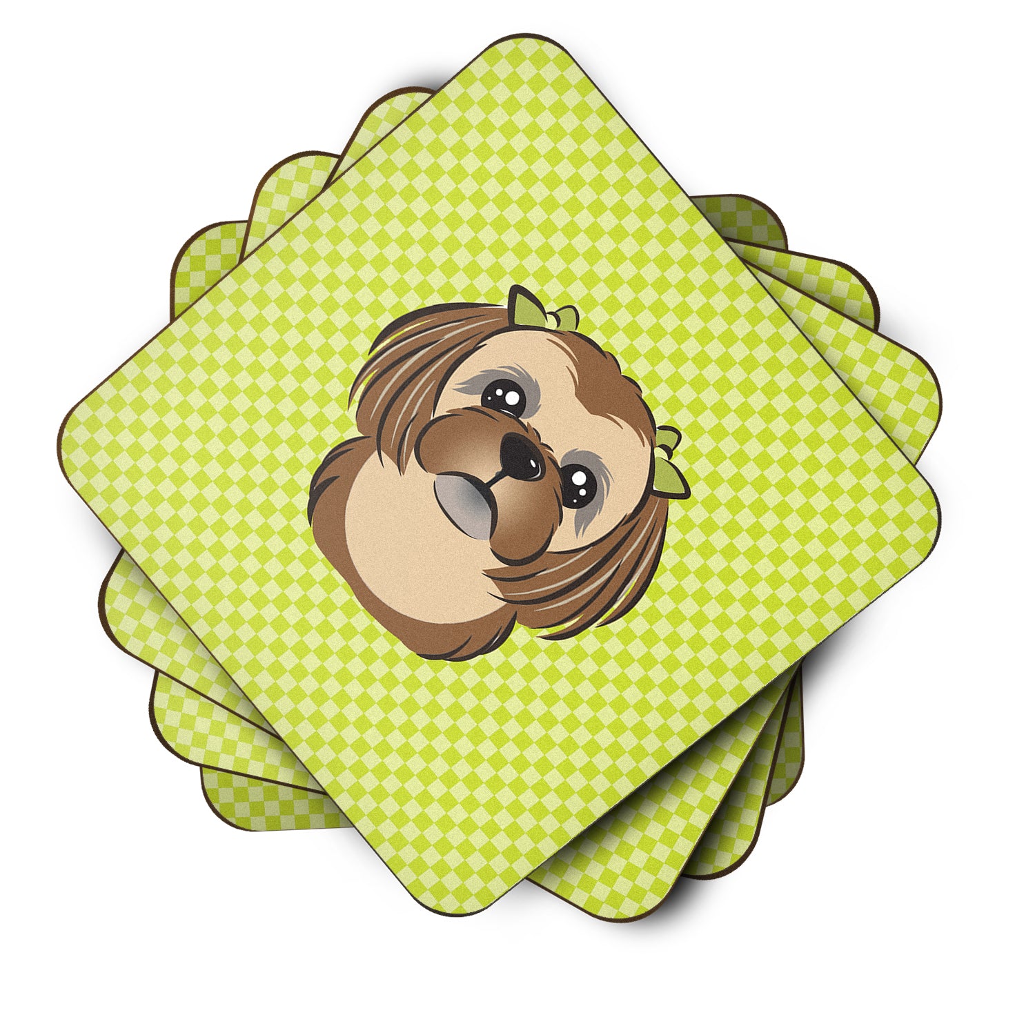 Set of 4 Checkerboard Lime Green Chocolate Brown Shih Tzu Foam Coasters BB1311FC - the-store.com