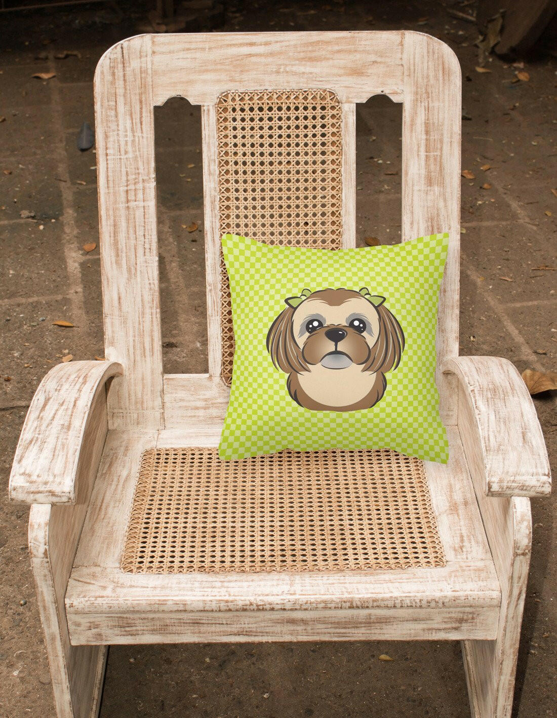 Checkerboard Lime Green Chocolate Brown Shih Tzu Canvas Fabric Decorative Pillow BB1311PW1414 - the-store.com