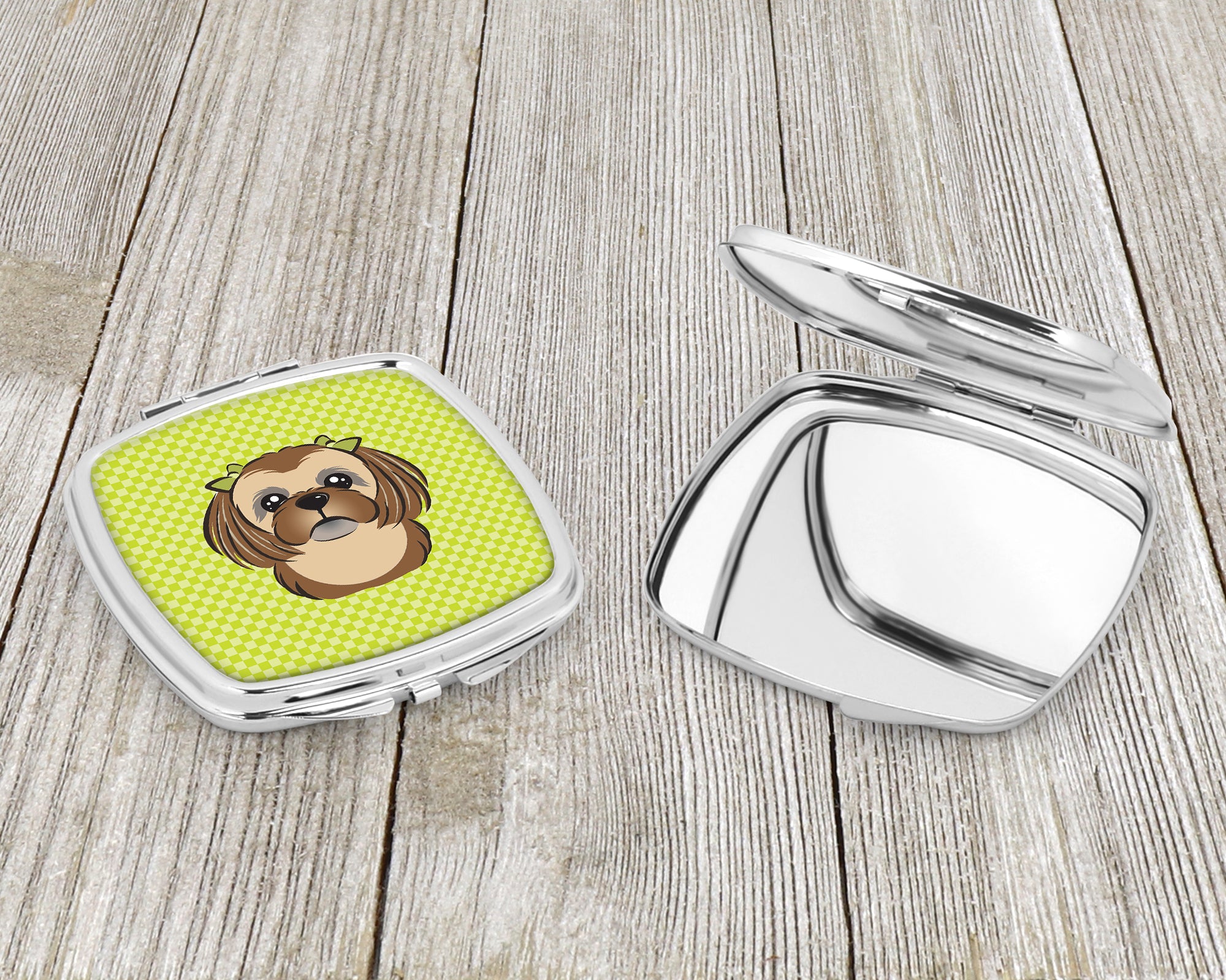 Checkerboard Lime Green Chocolate Brown Shih Tzu Compact Mirror BB1311SCM  the-store.com.