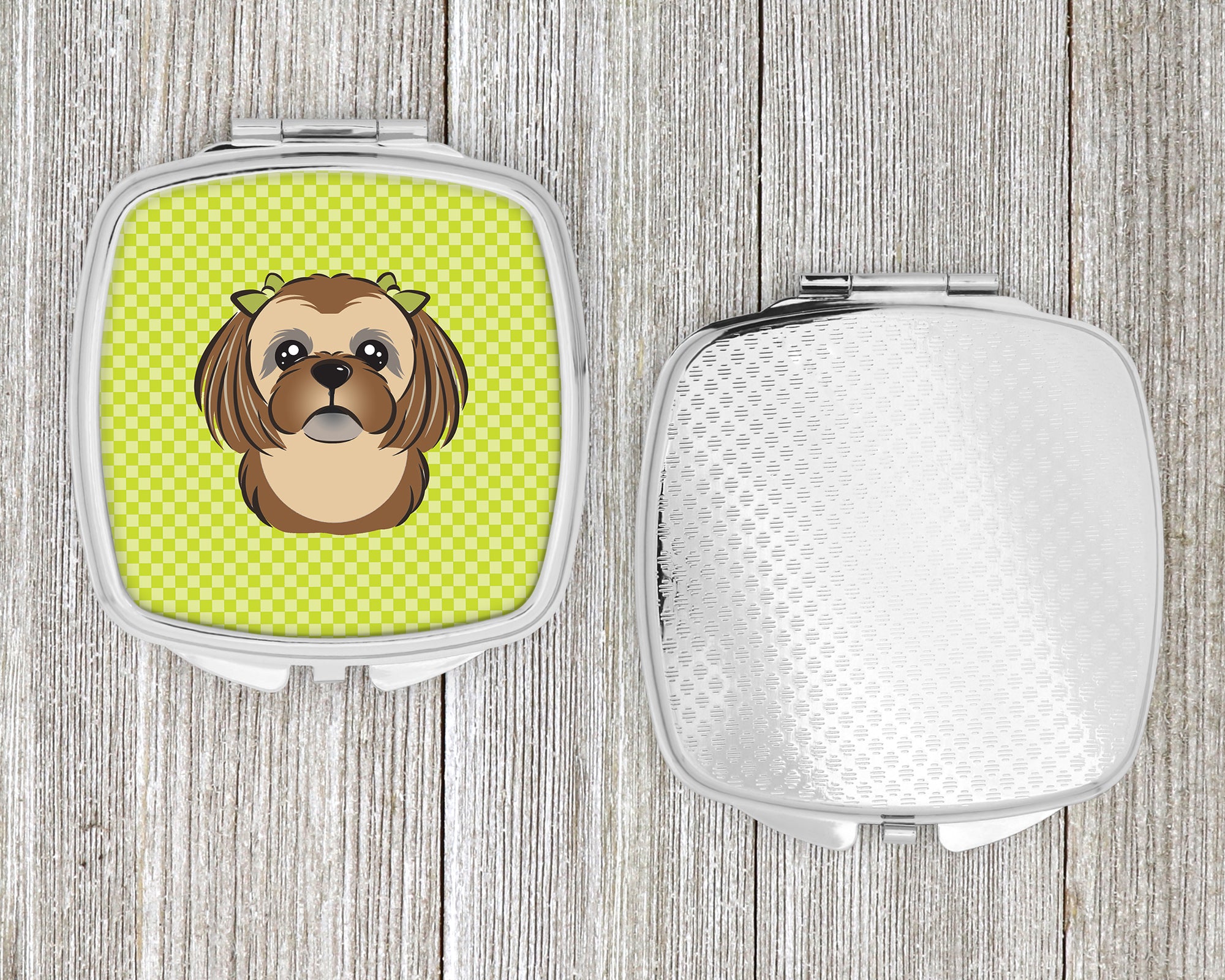 Checkerboard Lime Green Chocolate Brown Shih Tzu Compact Mirror BB1311SCM  the-store.com.