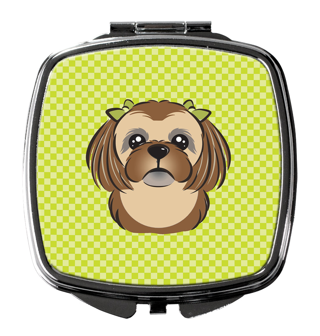 Checkerboard Lime Green Chocolate Brown Shih Tzu Compact Mirror BB1311SCM  the-store.com.