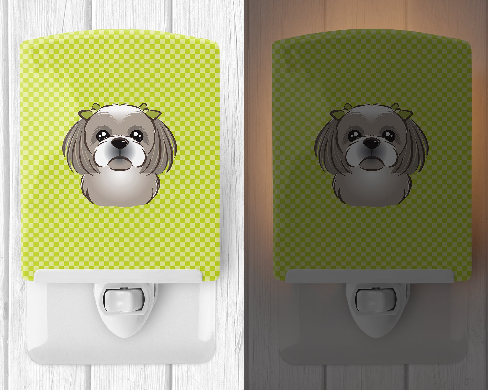 Checkerboard Lime Green Gray Silver Shih Tzu Ceramic Night Light BB1312CNL - the-store.com