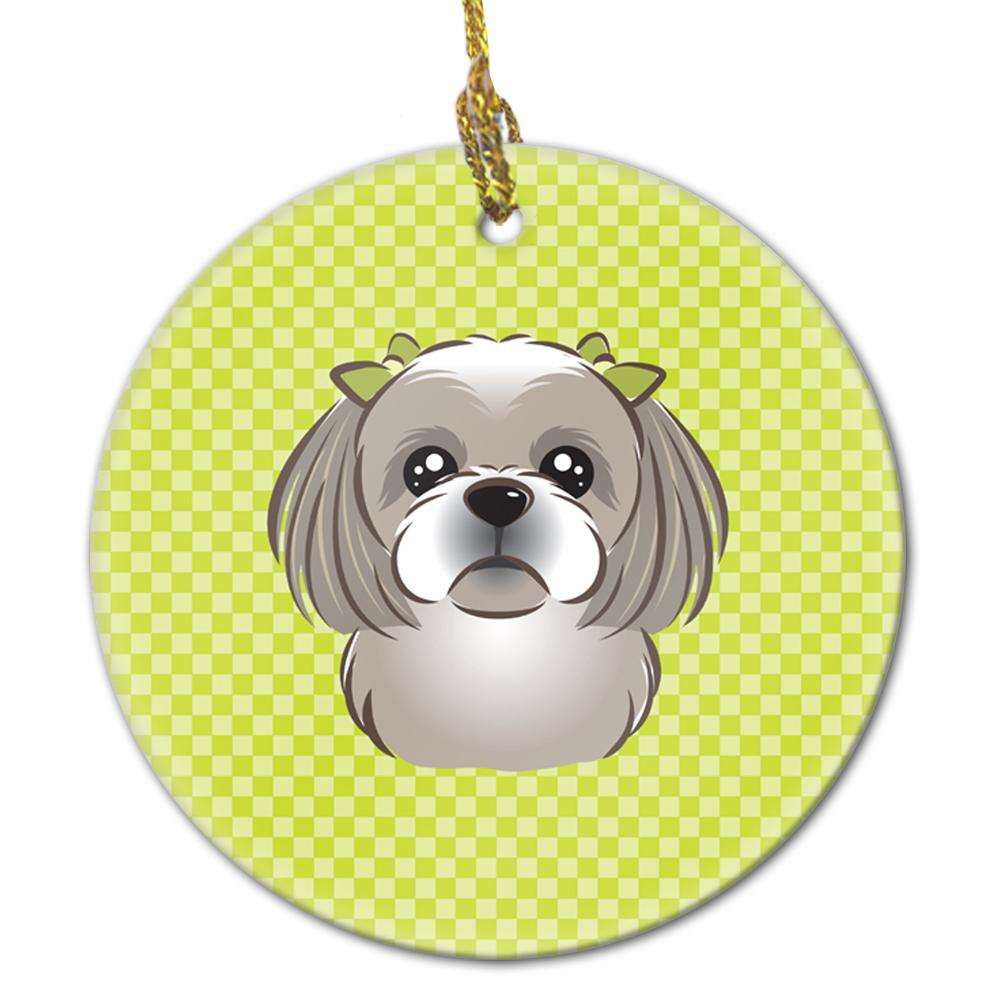 Checkerboard Lime Green Gray Silver Shih Tzu Ceramic Ornament by Caroline's Treasures