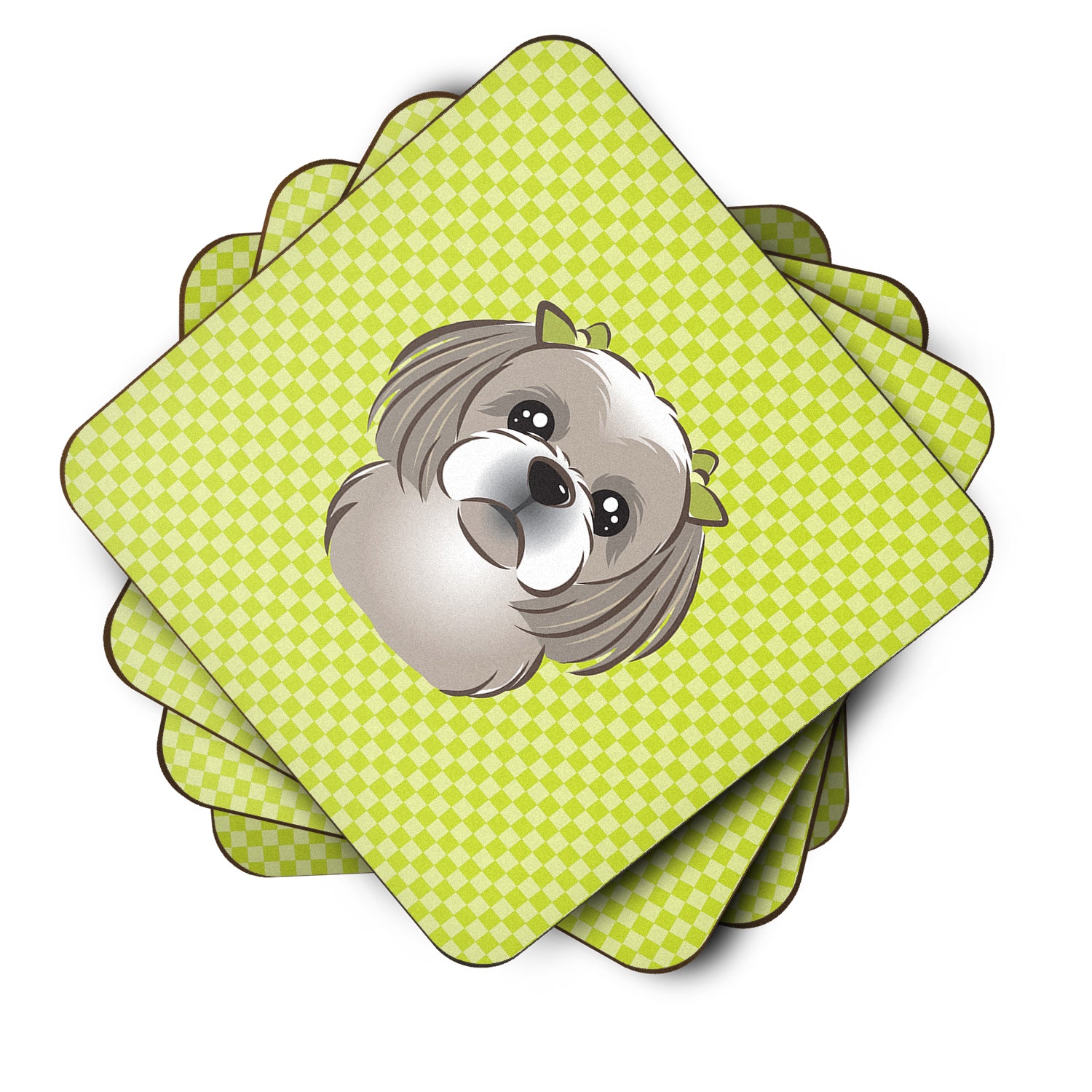 Set of 4 Checkerboard Lime Green Gray Silver Shih Tzu Foam Coasters BB1312FC - the-store.com