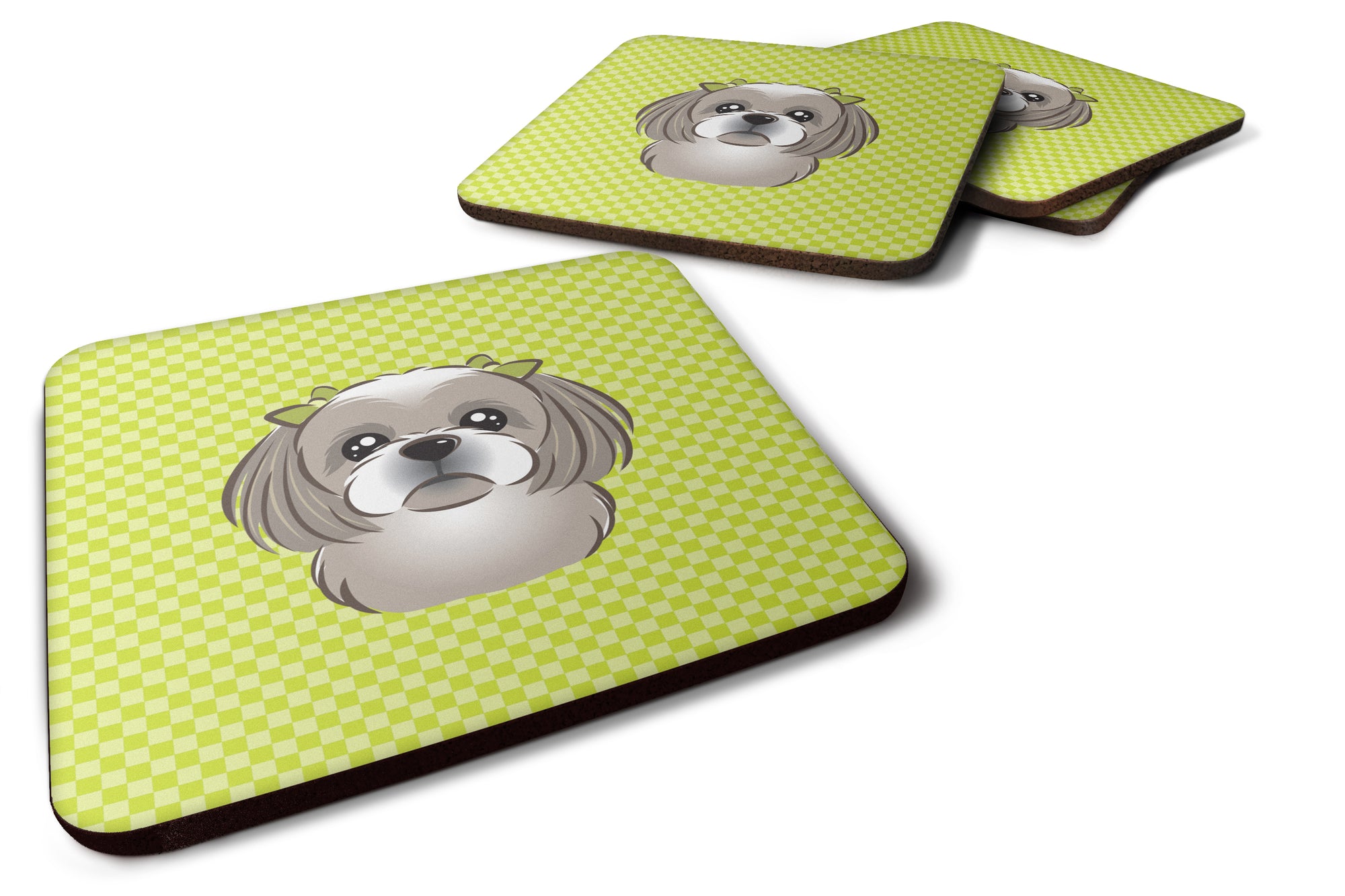 Set of 4 Checkerboard Lime Green Gray Silver Shih Tzu Foam Coasters BB1312FC - the-store.com