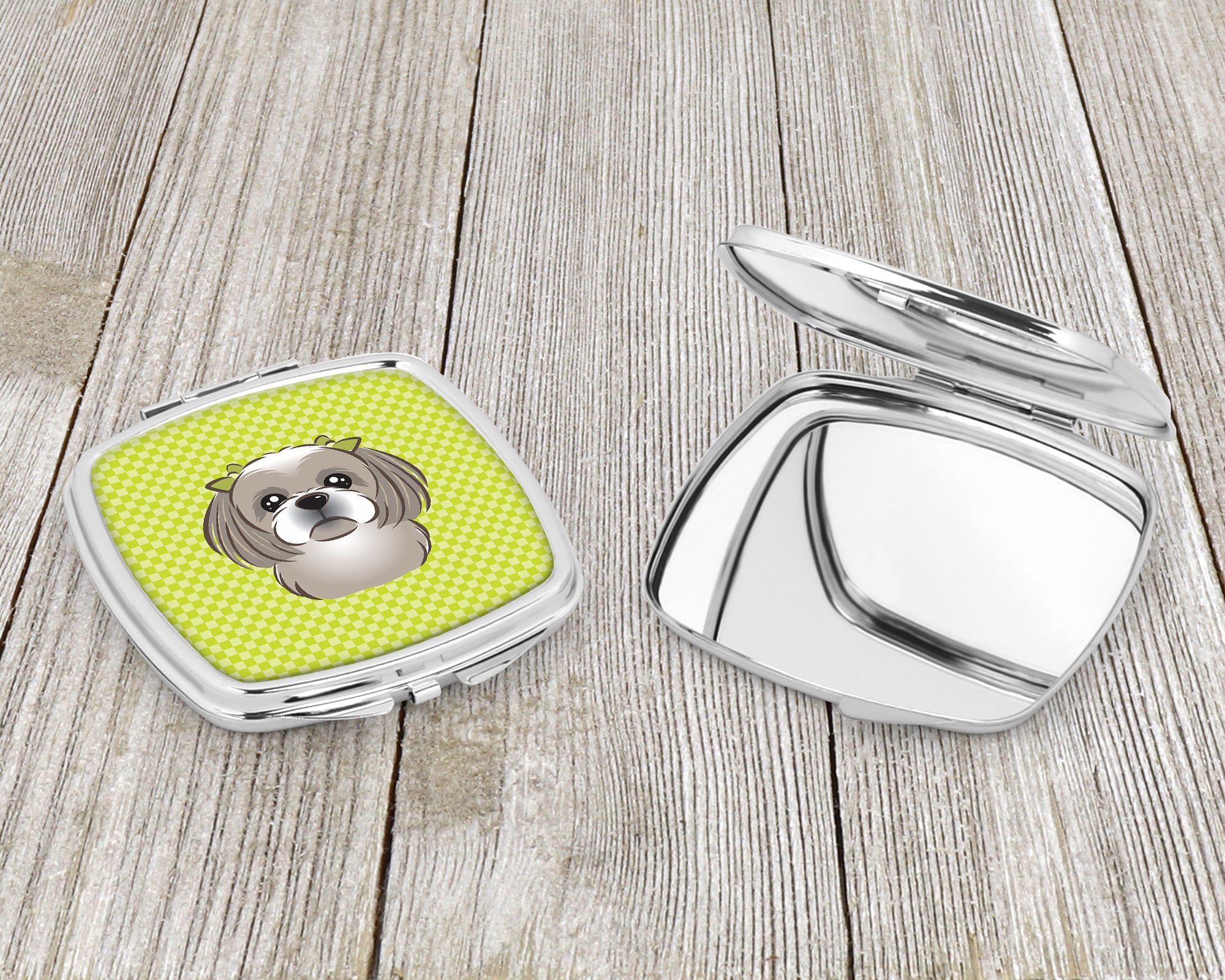 Checkerboard Lime Green Gray Silver Shih Tzu Compact Mirror BB1312SCM  the-store.com.