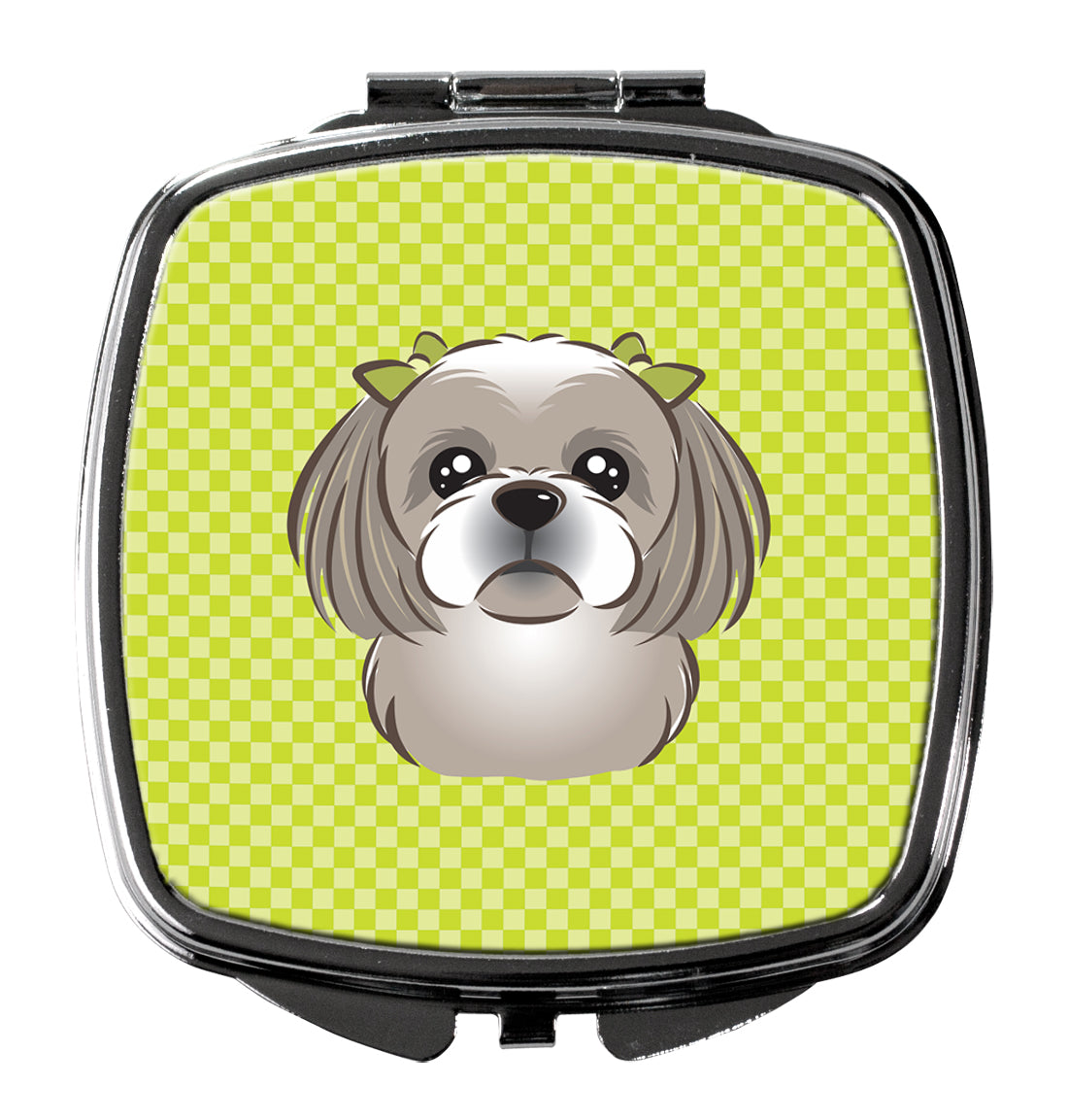 Checkerboard Lime Green Gray Silver Shih Tzu Compact Mirror BB1312SCM  the-store.com.