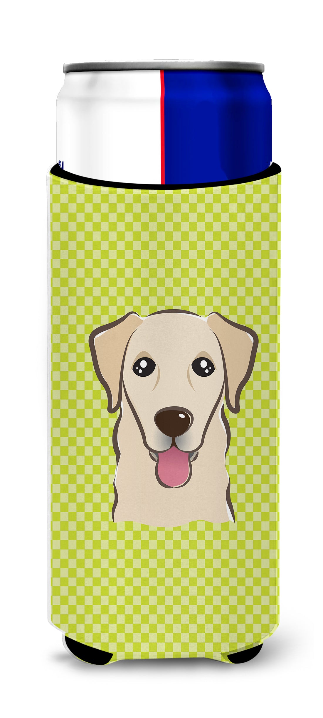 Checkerboard Lime Green Golden Retriever Ultra Beverage Insulators for slim cans.