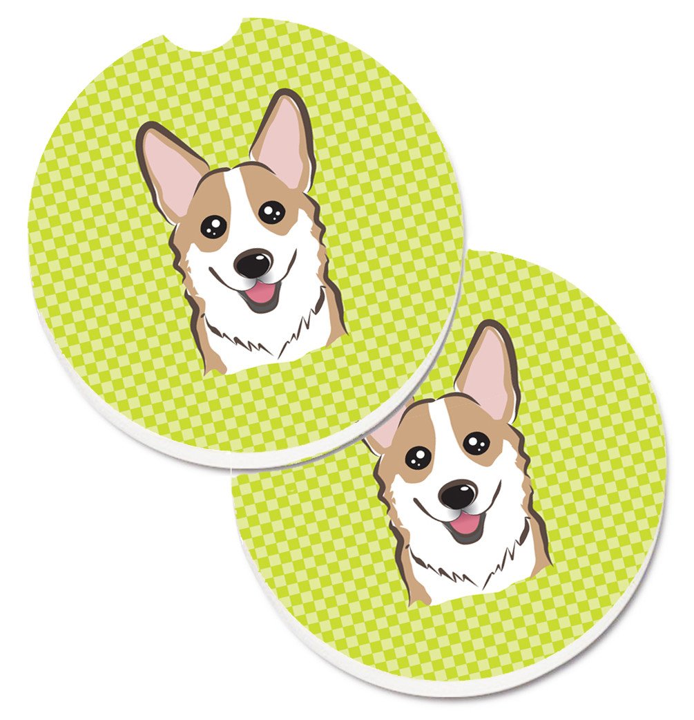 Checkerboard Lime Green Corgi Set of 2 Cup Holder Car Coasters BB1315CARC by Caroline's Treasures