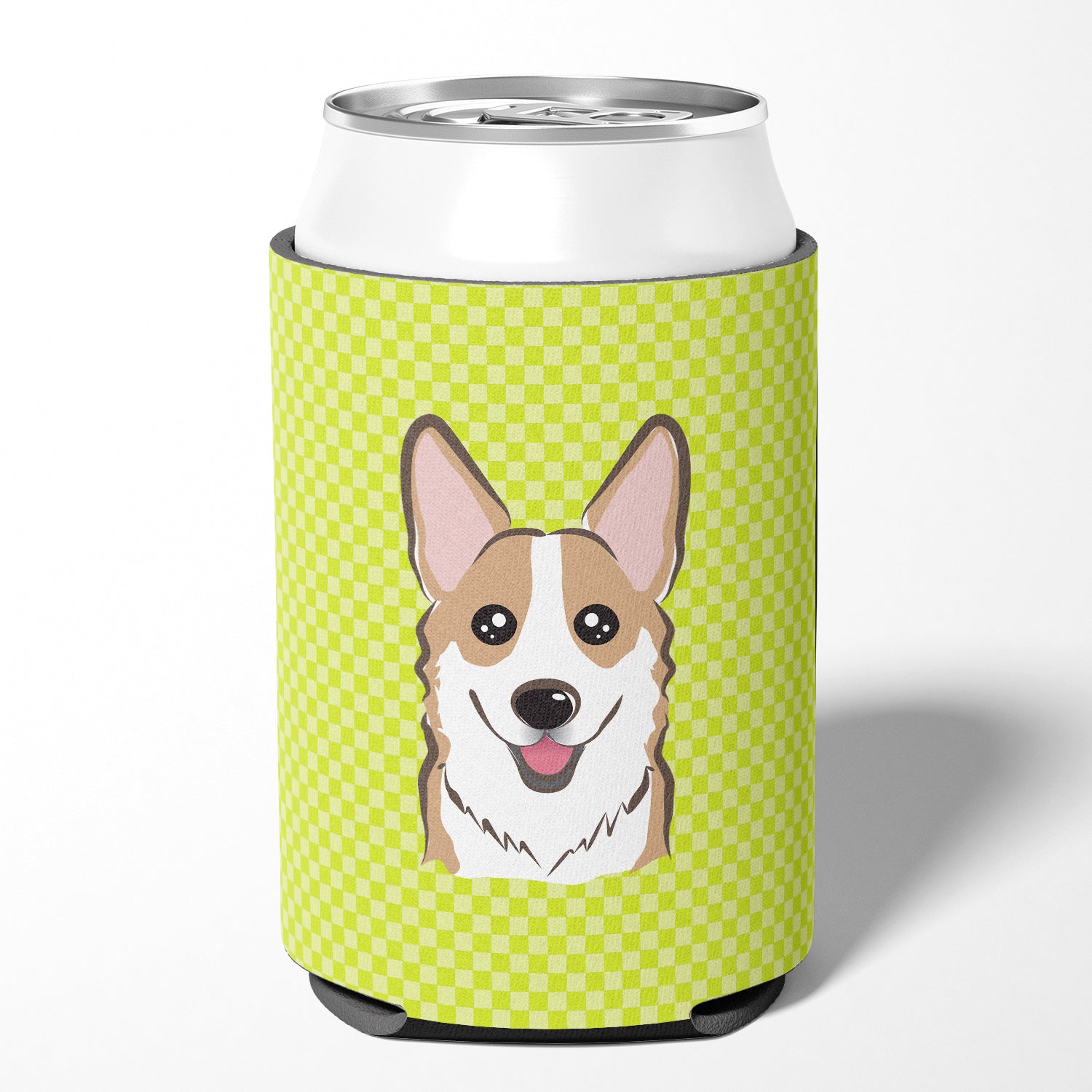 Checkerboard Lime Green Corgi Can or Bottle Hugger BB1315CC.