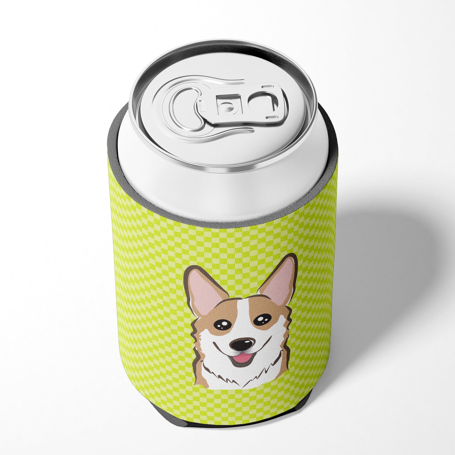 Checkerboard Lime Green Corgi Can or Bottle Hugger BB1315CC.