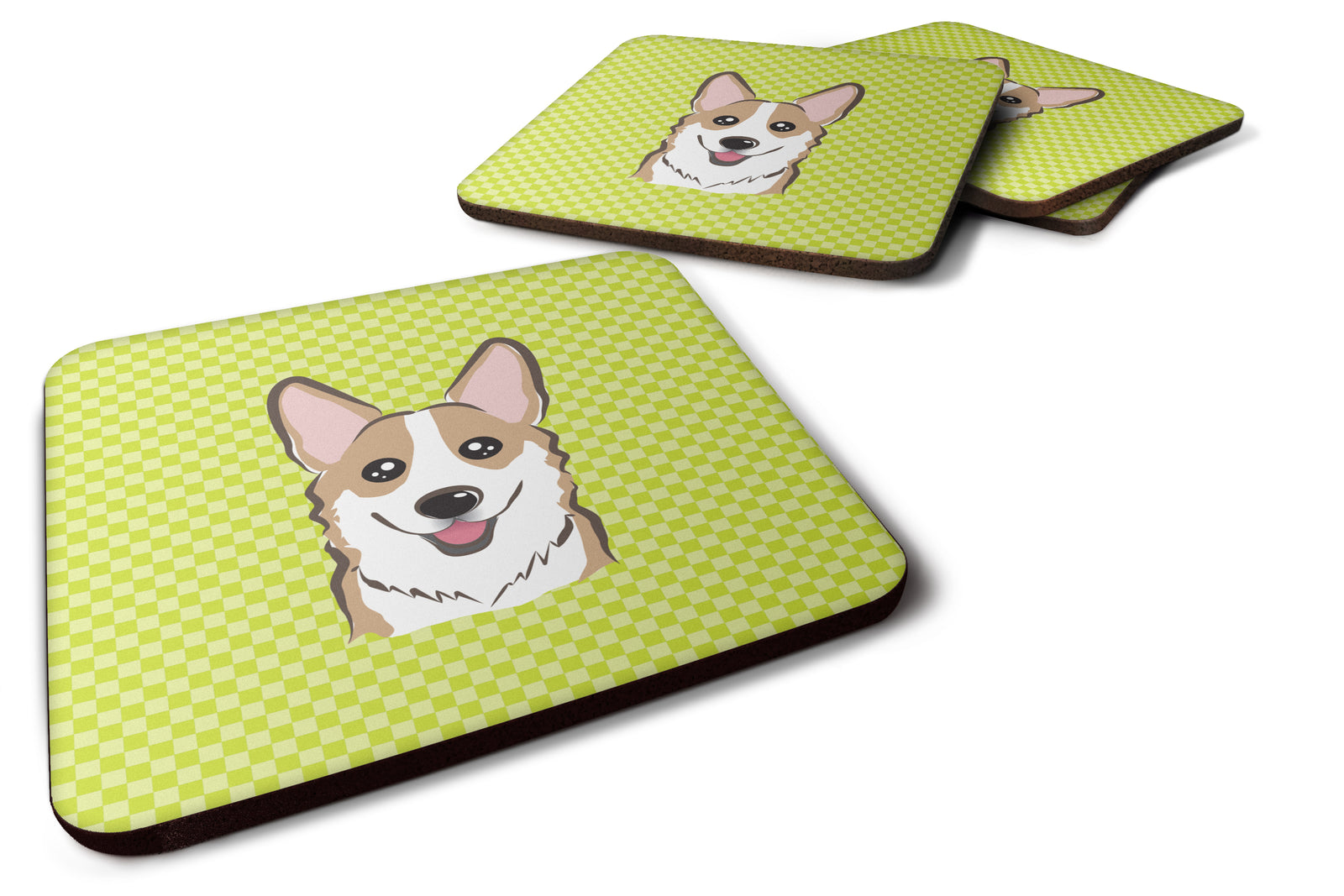 Set of 4 Checkerboard Lime Green Corgi Foam Coasters BB1315FC - the-store.com