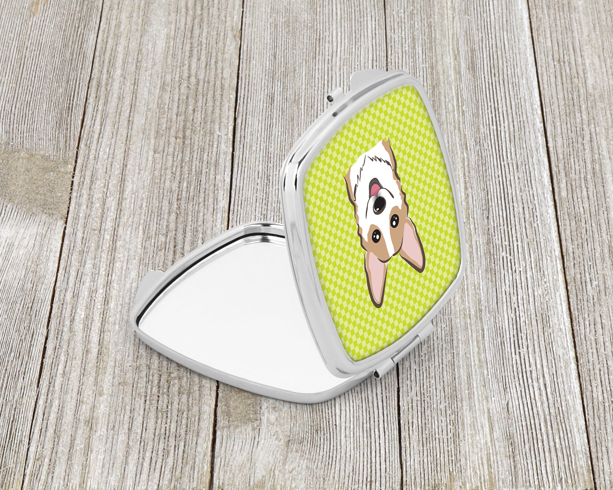 Checkerboard Lime Green Corgi Compact Mirror BB1315SCM  the-store.com.