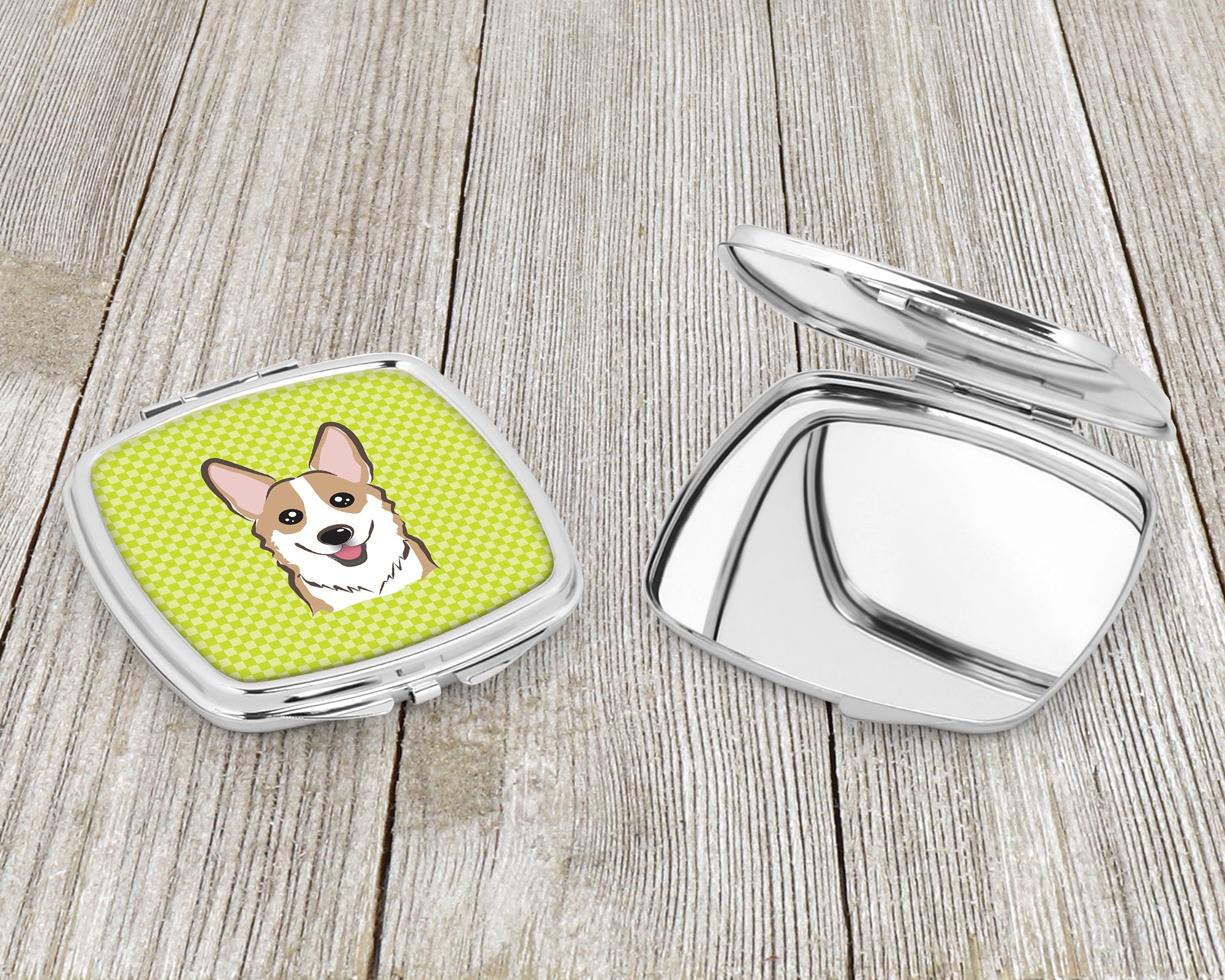 Checkerboard Lime Green Corgi Compact Mirror BB1315SCM  the-store.com.