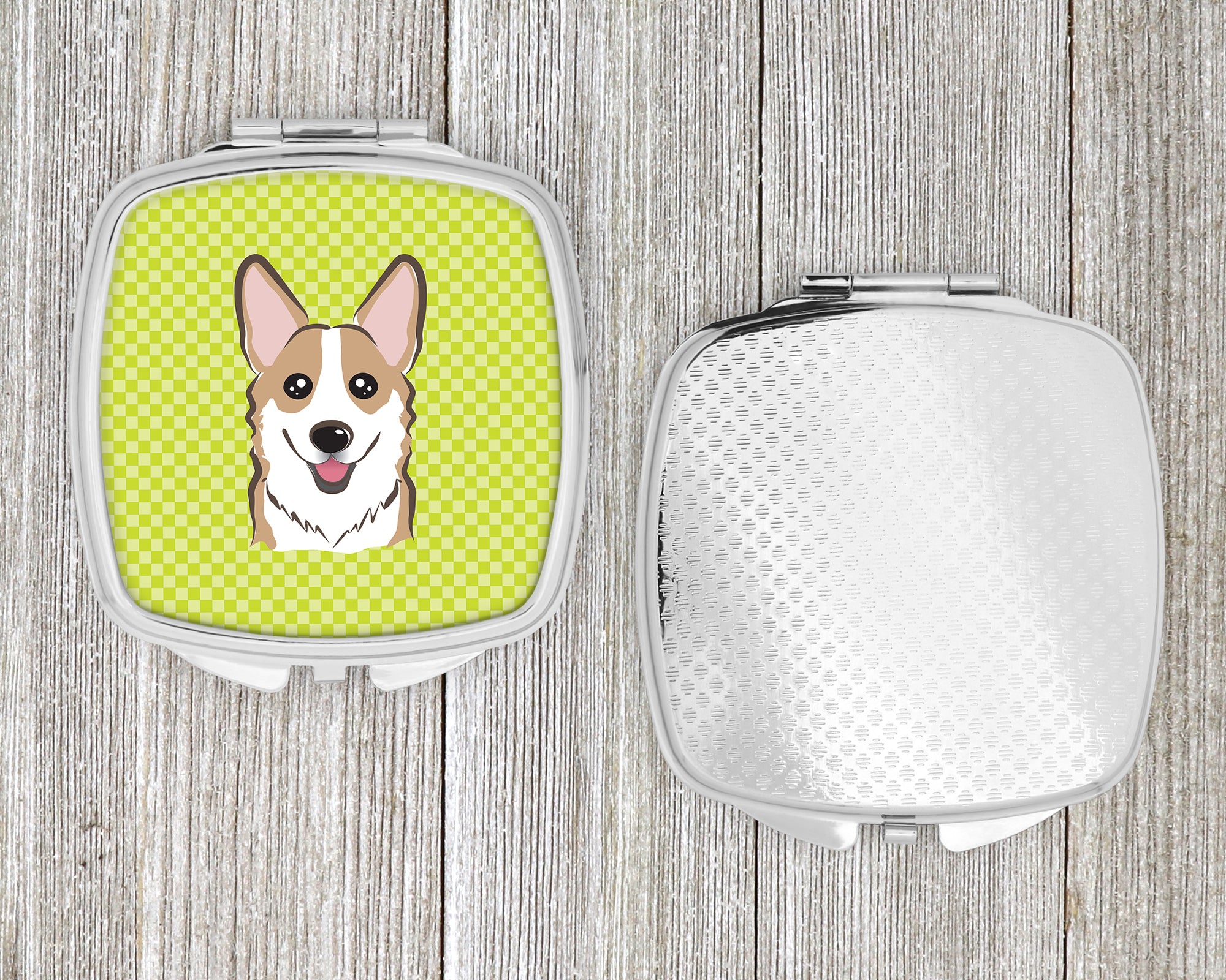 Checkerboard Lime Green Corgi Compact Mirror BB1315SCM  the-store.com.