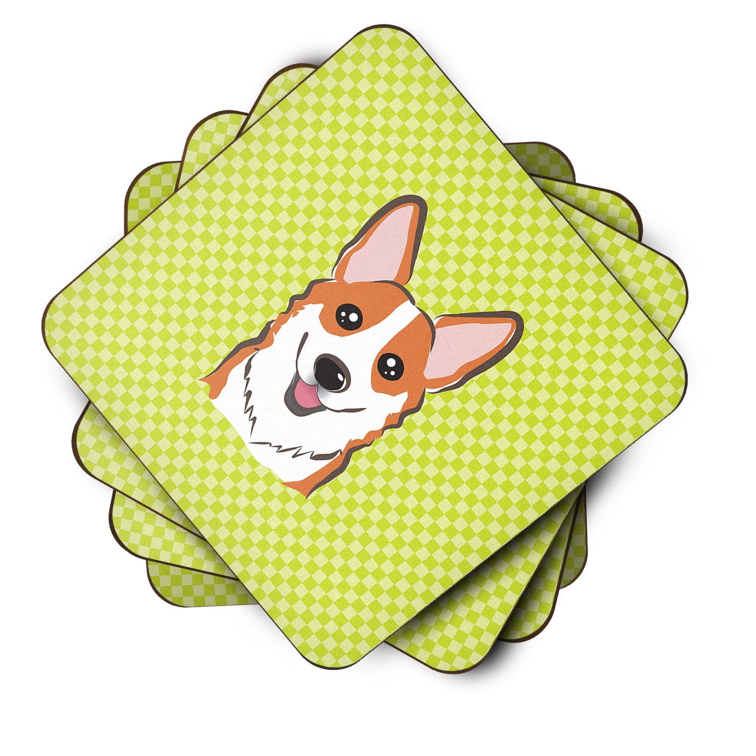 Set of 4 Checkerboard Lime Green Corgi Foam Coasters BB1316FC - the-store.com